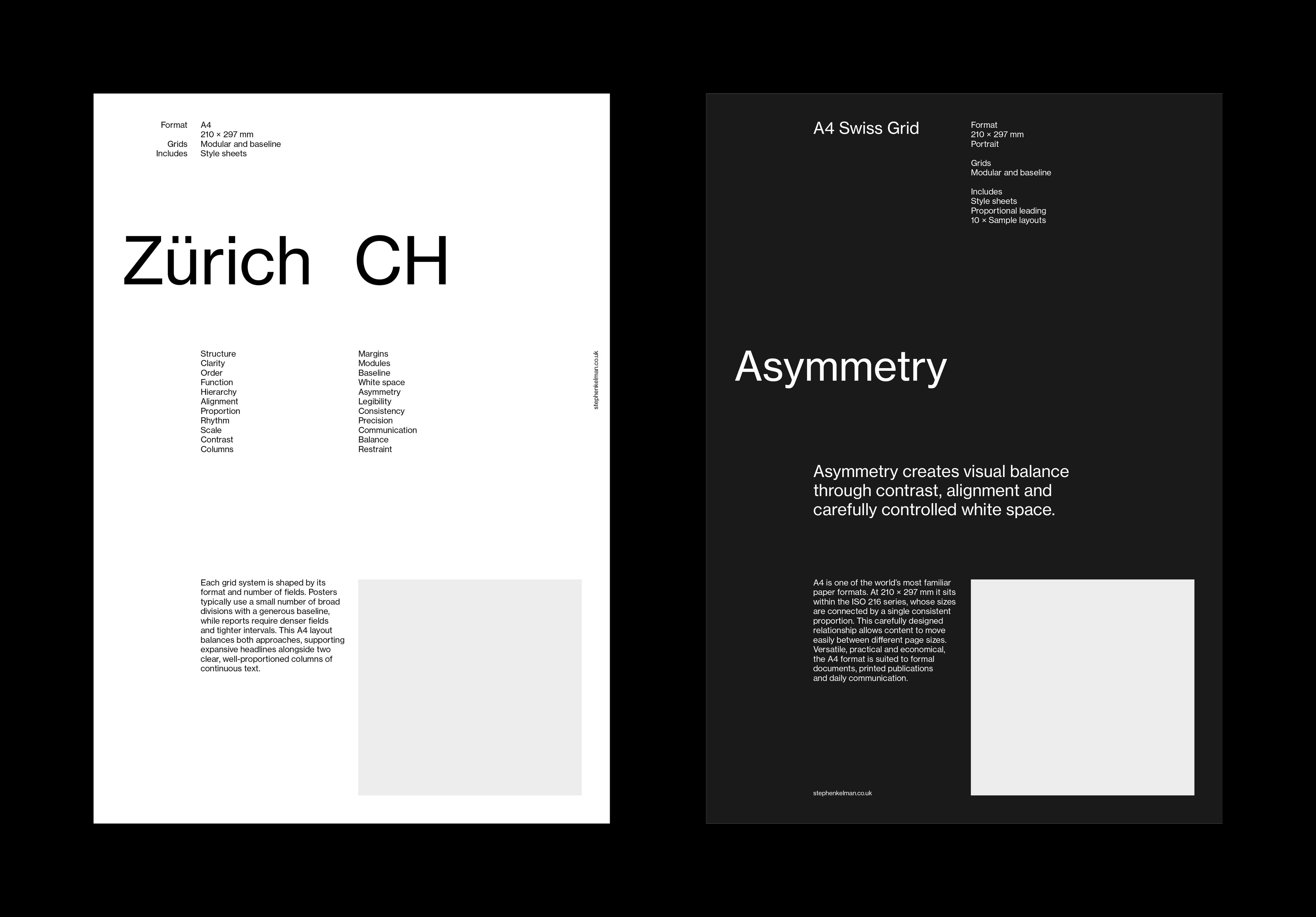 Two single-word A4 layouts – a light page headed Zürich CH with a keyword list and one image field, and a dark page headed Asymmetry with a standfirst and one large image field.