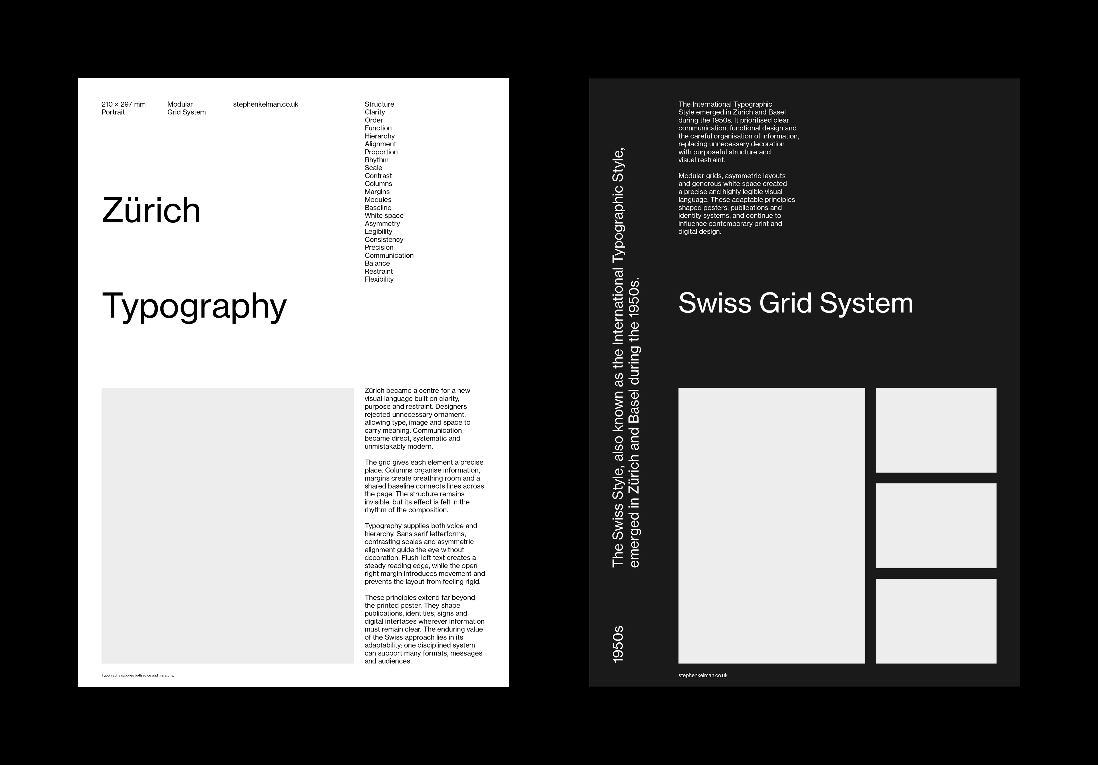 Two A4 layouts – a light Zürich Typography page with running text beside a tall image field, and a dark Swiss Grid System page with a vertical standfirst and four image fields.