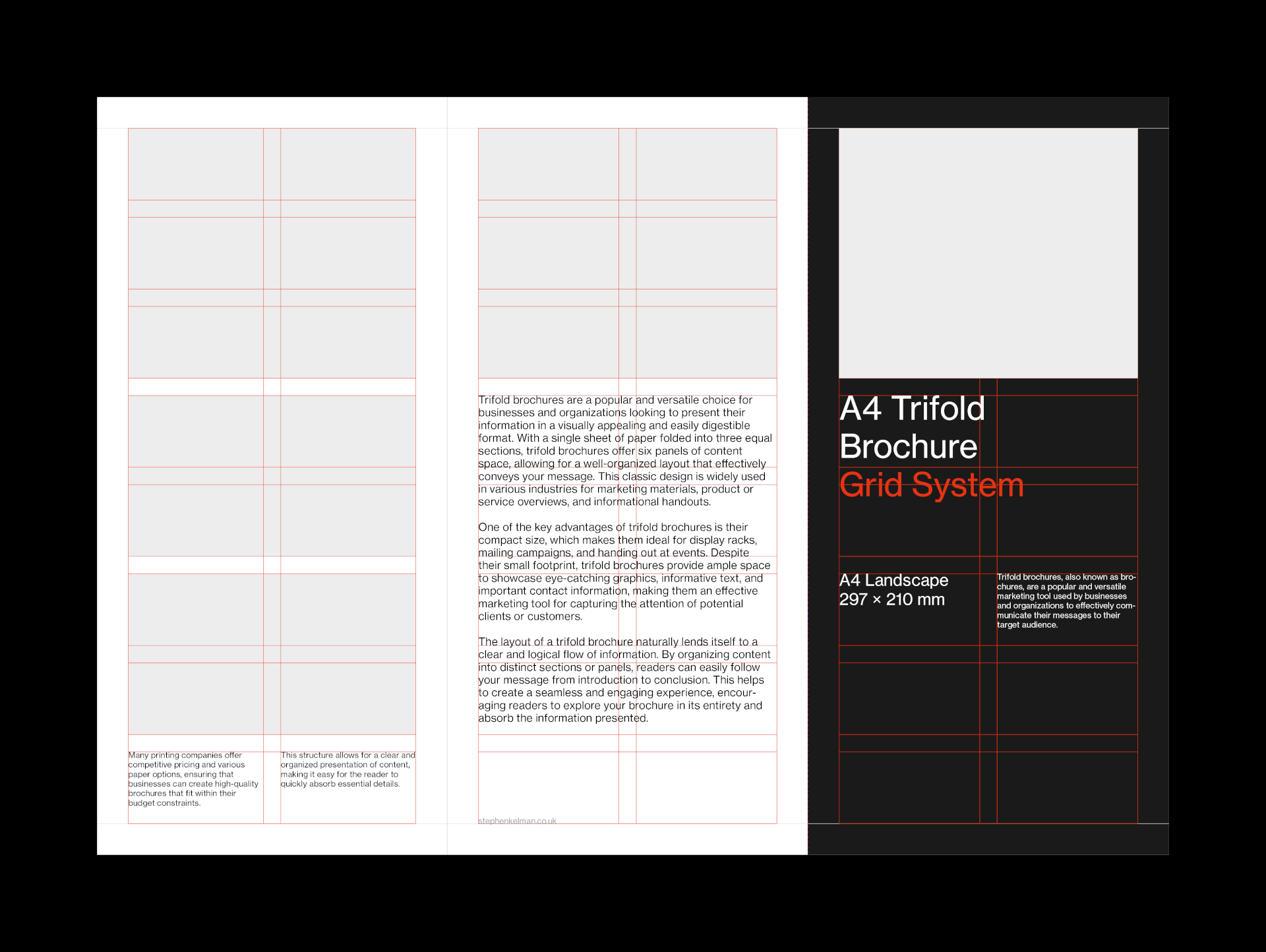 Animation of layouts for a trifold brochure – image shows visible modular grid