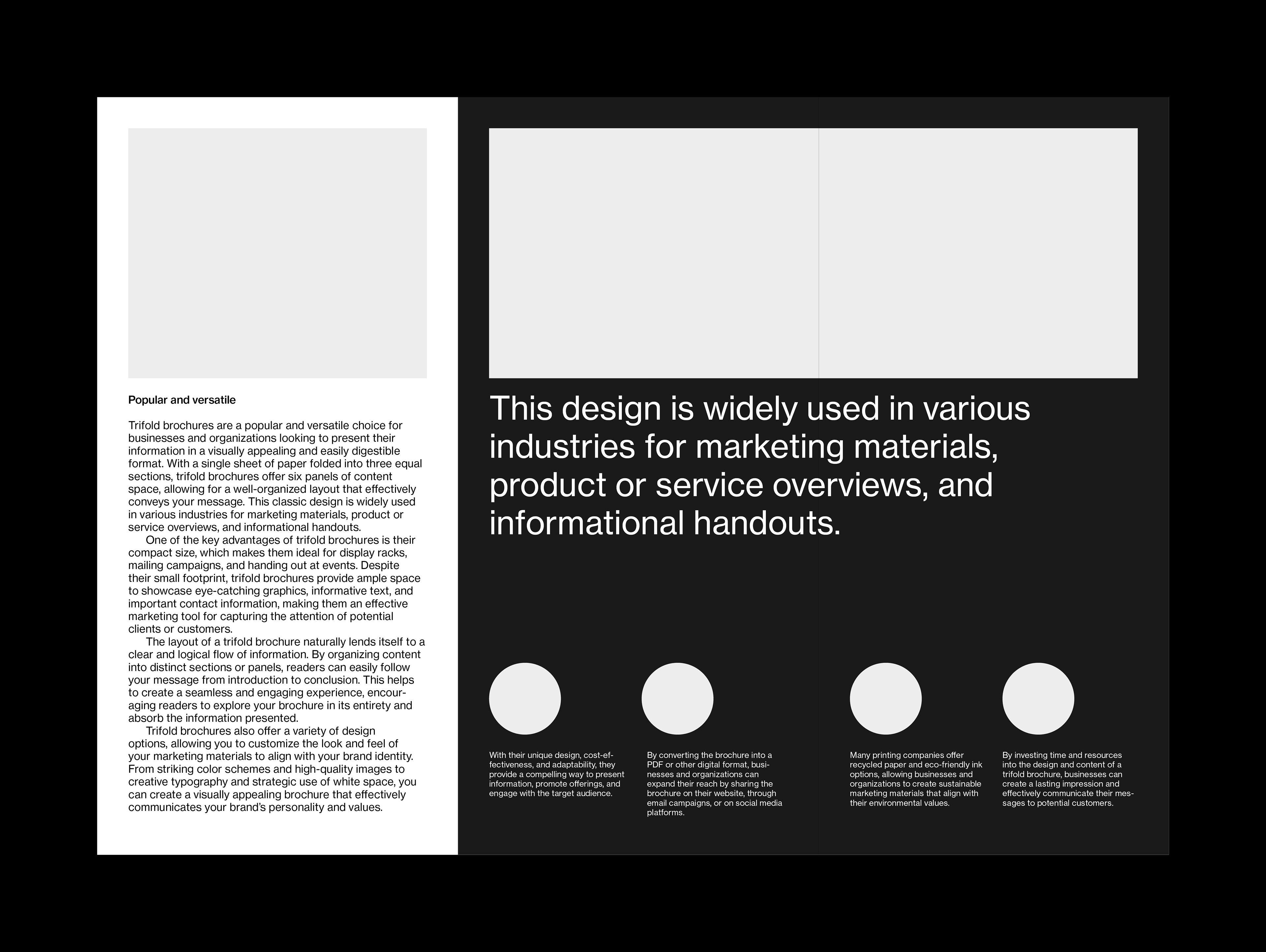 Inside spread layout for trifold brochure template. Image shows pullquote or large text example