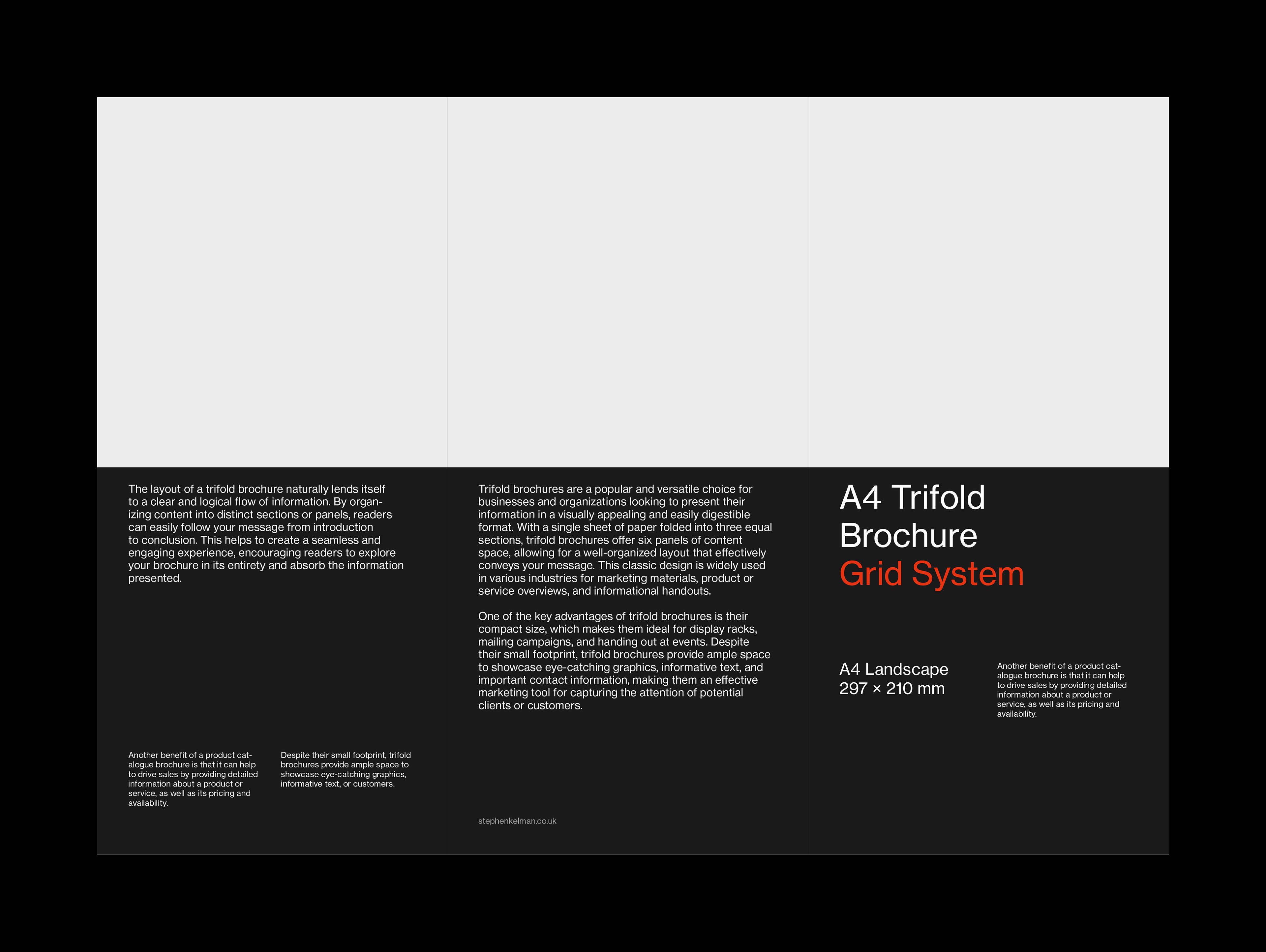 Outside spread layout for trifold brochure template. Text on white background