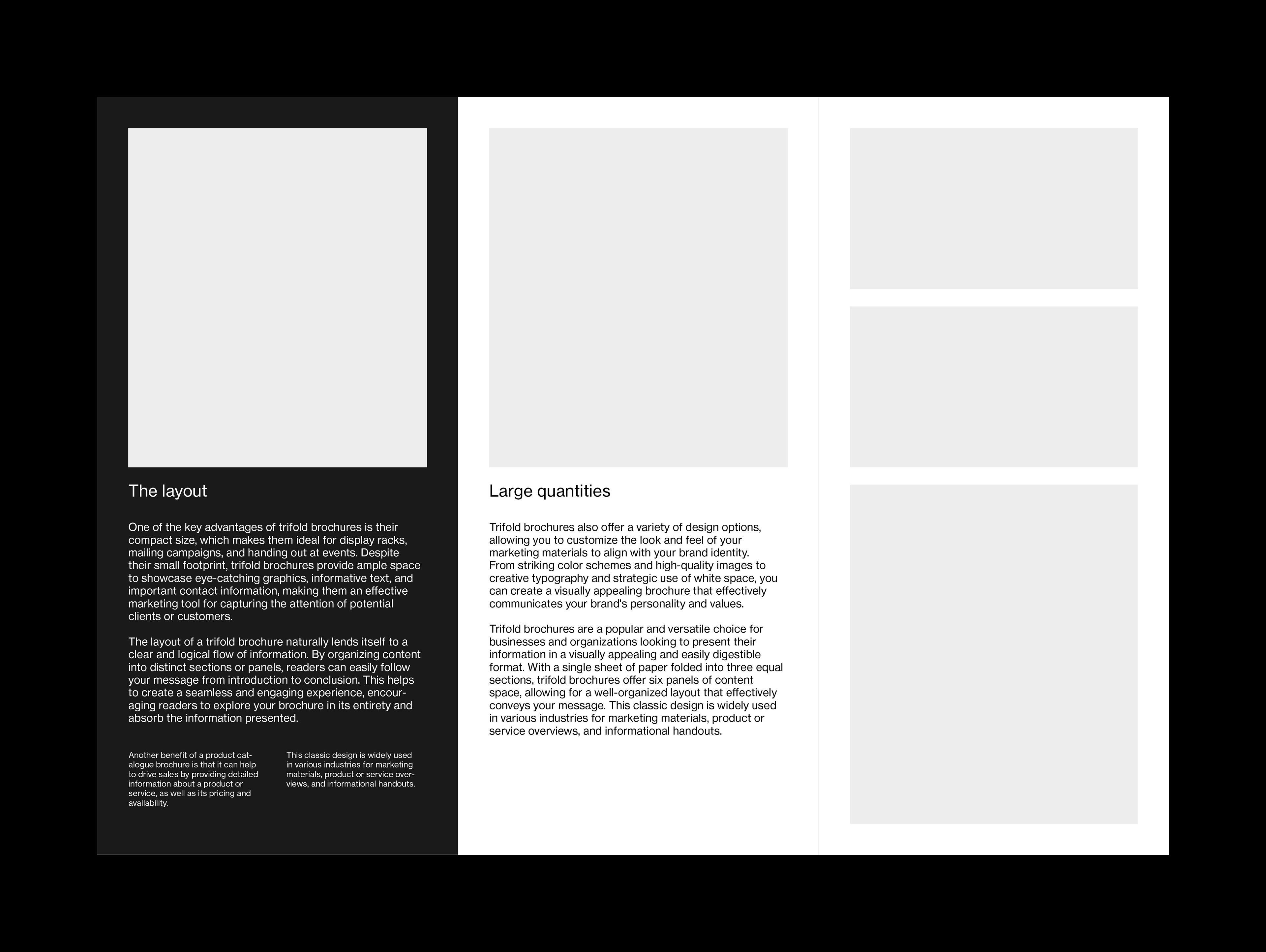 Outside spread layout for trifold brochure template. Text on black and white backgrounds