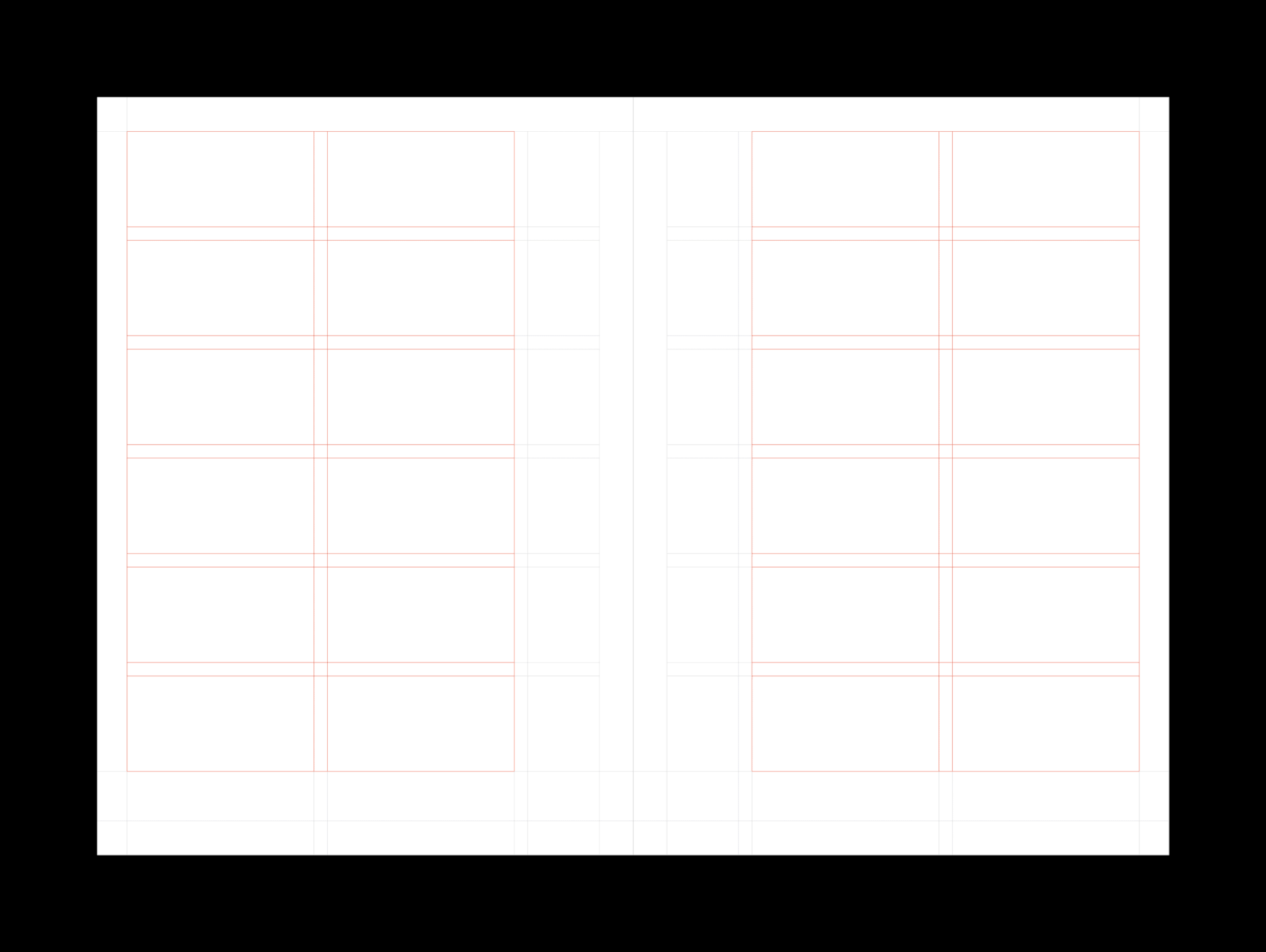 A detailed editorial spread featuring a two-column text layout with clear typographic hierarchy and red grid overlays. The structure enhances readability and visual organisation, ideal for complex information like reports or academic content. The layout follows principles of Swiss style, showcasing a rational grid system and functional typography for clear communication.