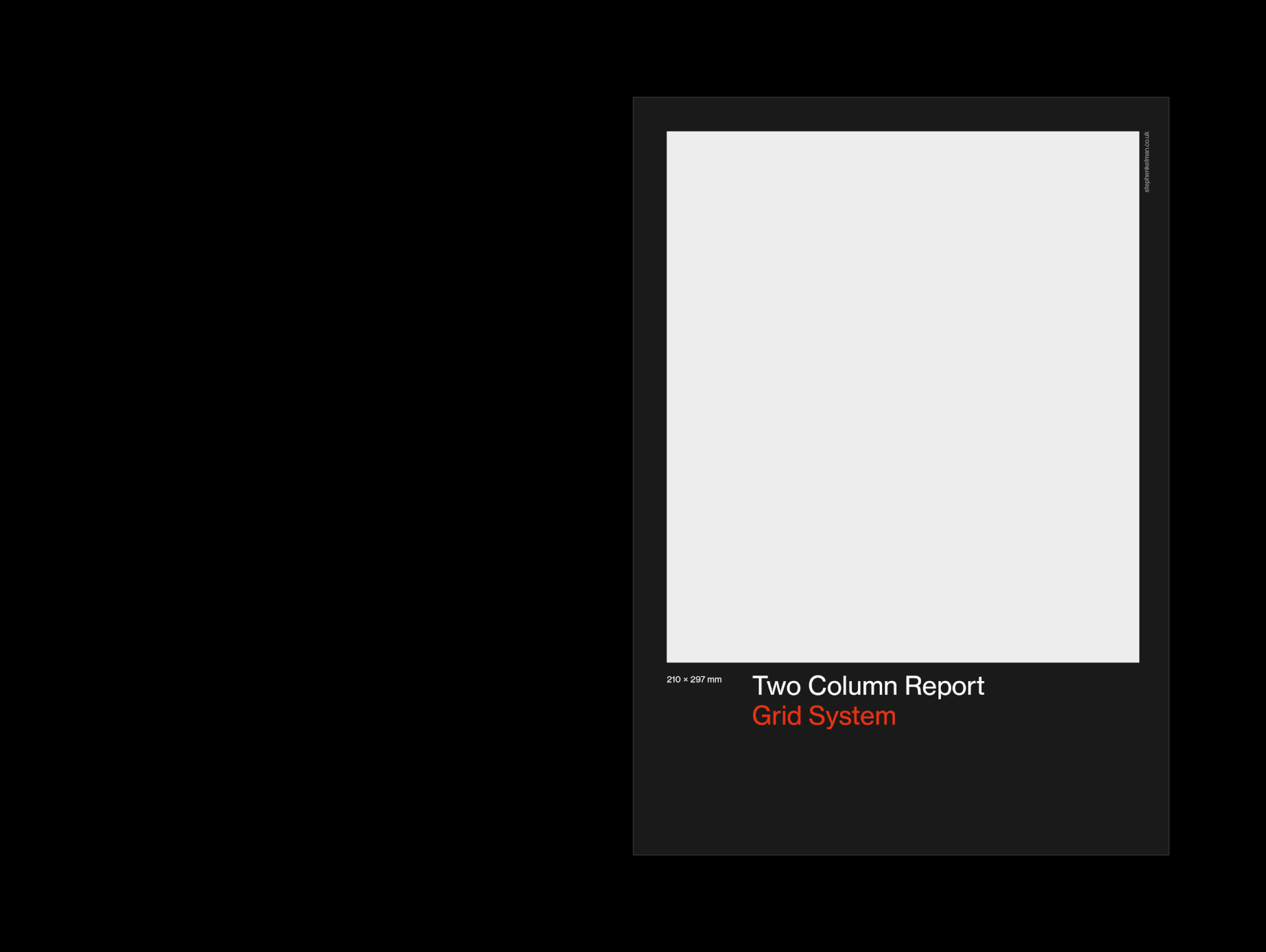 A minimal cover design for a two-column report grid system, presented in A4 dimensions (210 × 297 mm). The layout features a clean white placeholder framed by a black background, with bold typography and a striking red accent. It reflects a Swiss style approach with its clear grid structure, precise alignment, and emphasis on typographic clarity.