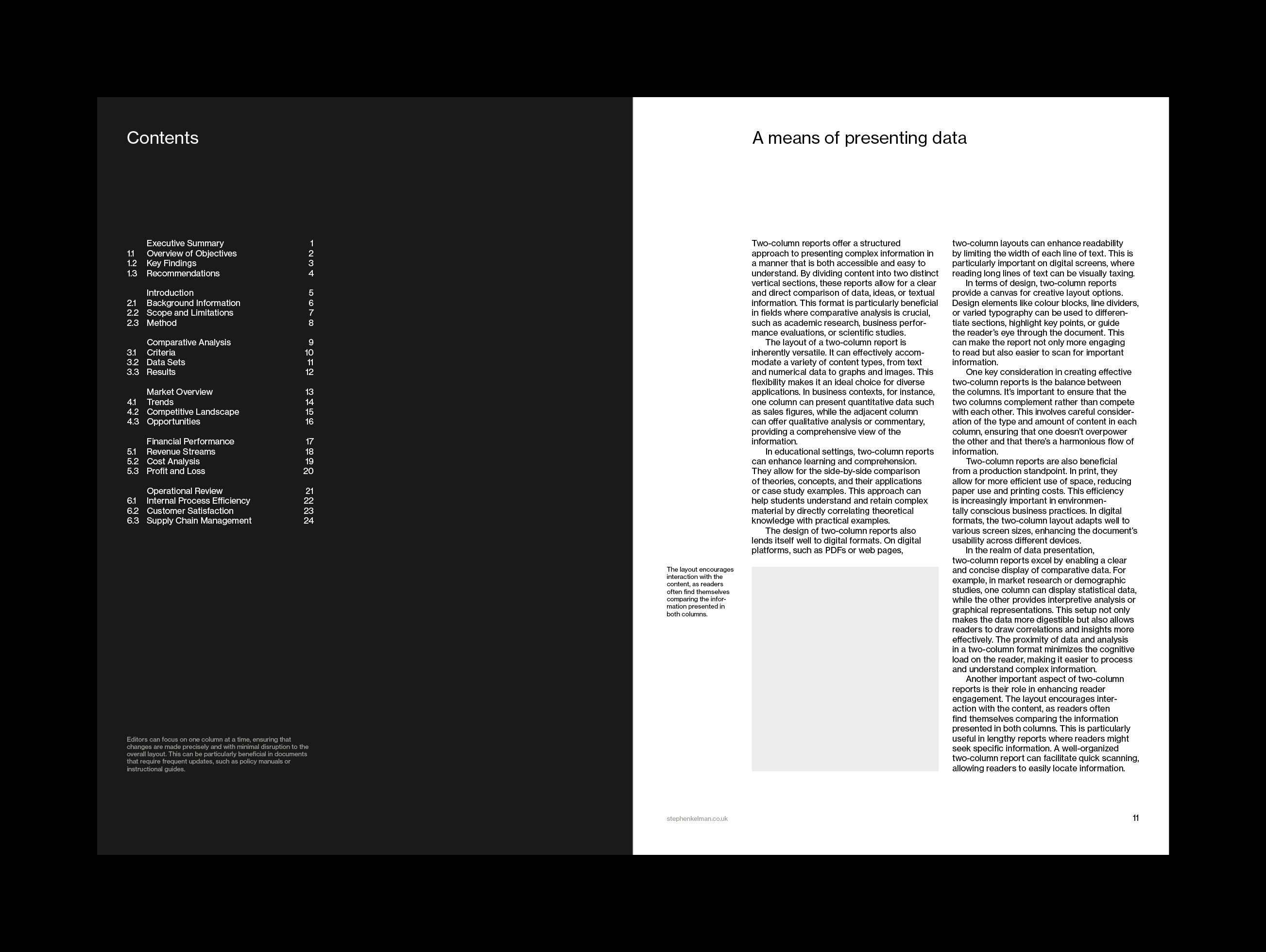 A two-page spread from a two-column report layout. The left page features a clean, minimalist contents page on a black background with white text, demonstrating typographic precision. The right page presents dense content arranged in two justified columns with a placeholder image, highlighting clarity in visual hierarchy and readability. The design uses a grid system informed by Swiss style principles, emphasizing order, alignment, and balanced white space.