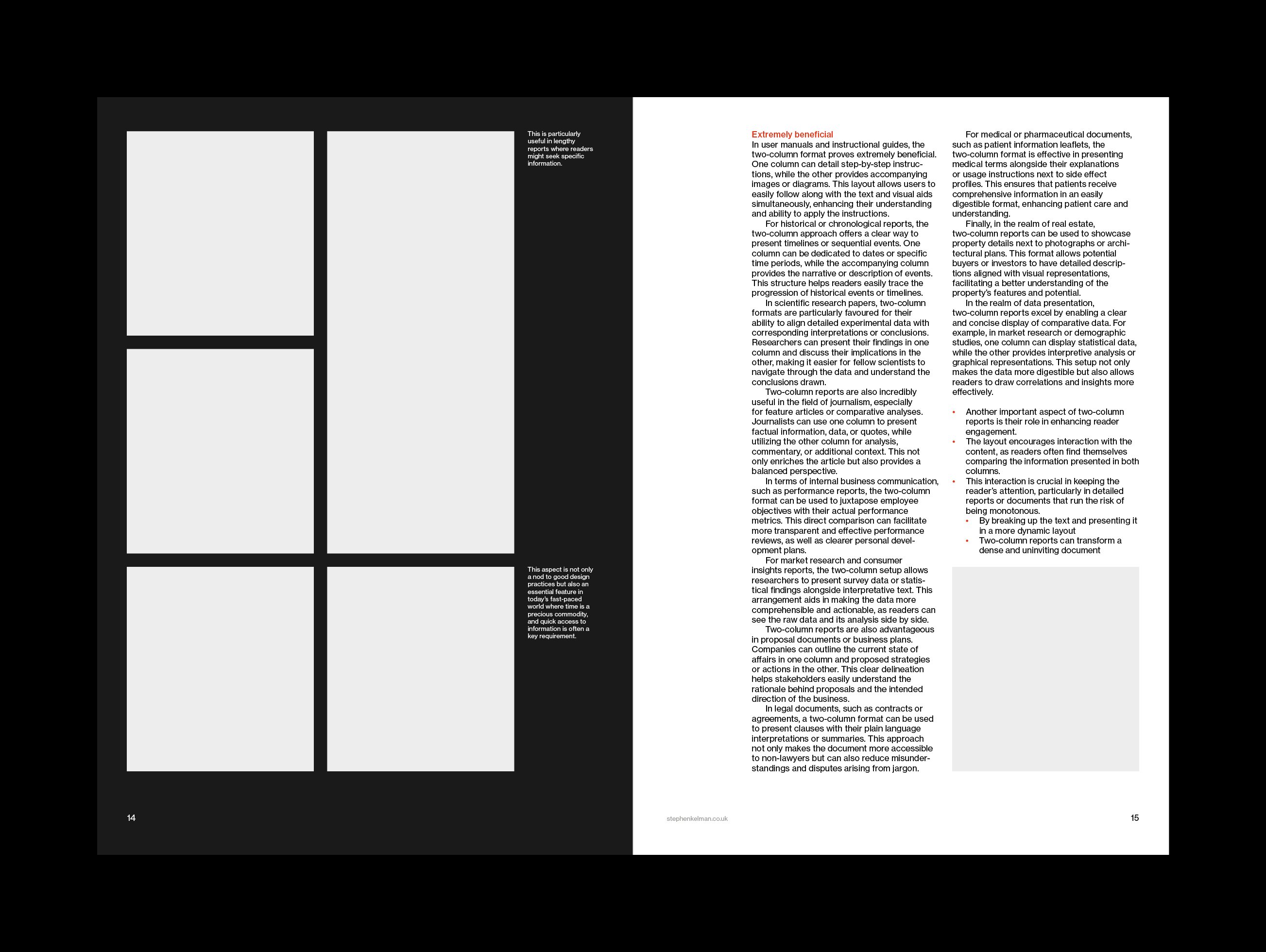 A two-page layout from a two-column report template emphasizing clarity and accessibility. The left page features six image placeholders arranged in a tight, modular grid, reflecting a Swiss style sensibility. On the right, structured body text is divided into clearly defined columns, with red text used sparingly for visual hierarchy. The layout integrates grey-shaded callouts for emphasis and provides space for both narrative content and supporting data. This example showcases a disciplined grid system, clean typographic styling, and a functional yet elegant editorial design approach.