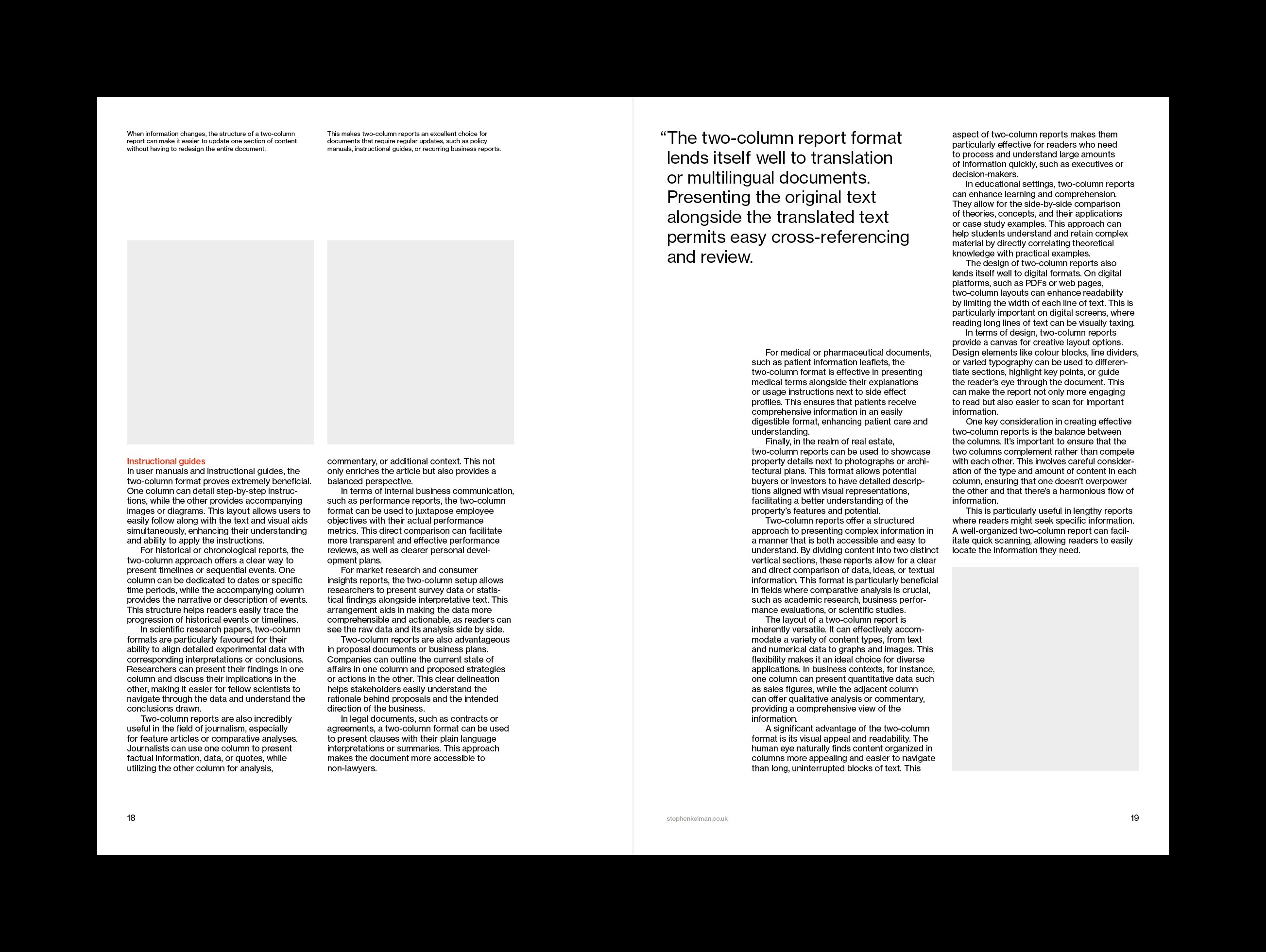 A spread from a modern two-column report layout featuring instructional content and multilingual adaptability. The left page includes placeholder visuals and red-accented section headings, emphasizing step-by-step guides, while the right page features a large pull quote and dense text discussing clarity, cross-referencing, and document design. Set within a precise grid system and showcasing minimalist typography, the layout reflects Swiss style principles with a focus on readability, alignment, and visual clarity.