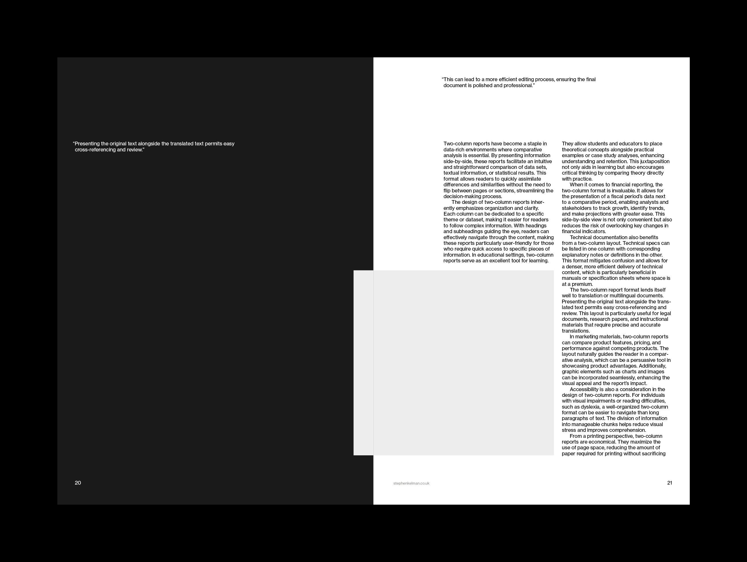 A clean, structured layout of a two-column report spread. The left page features a black background with a minimalist white pull quote, reinforcing the benefits of side-by-side translation. The right page includes dense paragraphs, a placeholder graphic, and a secondary pull quote emphasizing polished and professional editing. Set on a strict grid system, the composition embraces Swiss style typography, using clarity, contrast, and alignment to enhance readability and typographic structure.