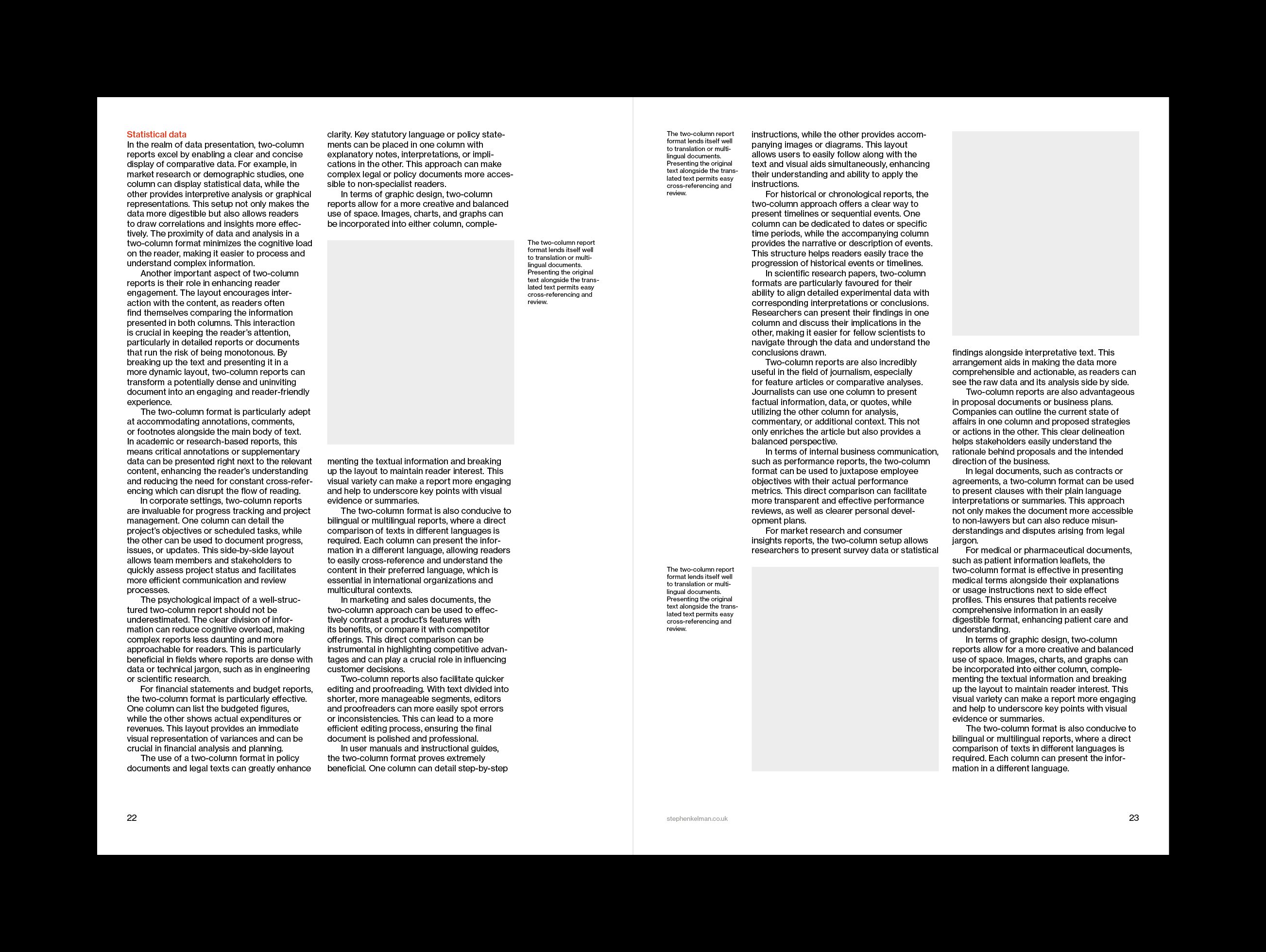 Double-page layout of a two-column report design, demonstrating structured information flow for statistical data. The left page opens with a red subheading and detailed paragraph blocks, while the right page continues with placeholder grey boxes representing images or charts. The layout is supported by a strict grid system and careful typographic hierarchy, exemplifying Swiss style influences through precision, minimalism, and readability. The alternating blocks of text and imagery illustrate how complex content can be presented clearly and concisely in print.
