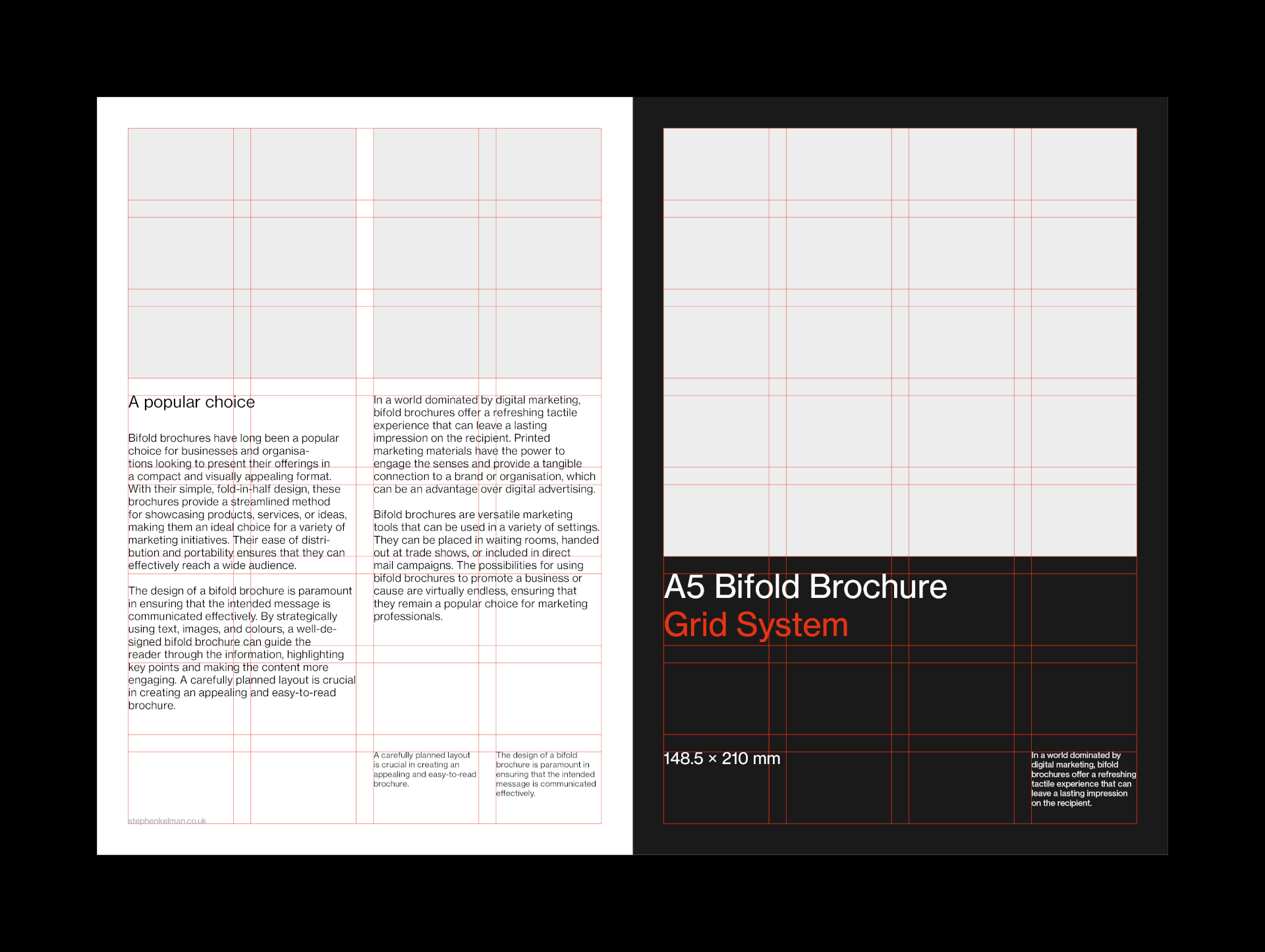 Animated gif showing both grid system and Swiss style layouts for an A5 bifold brochure
