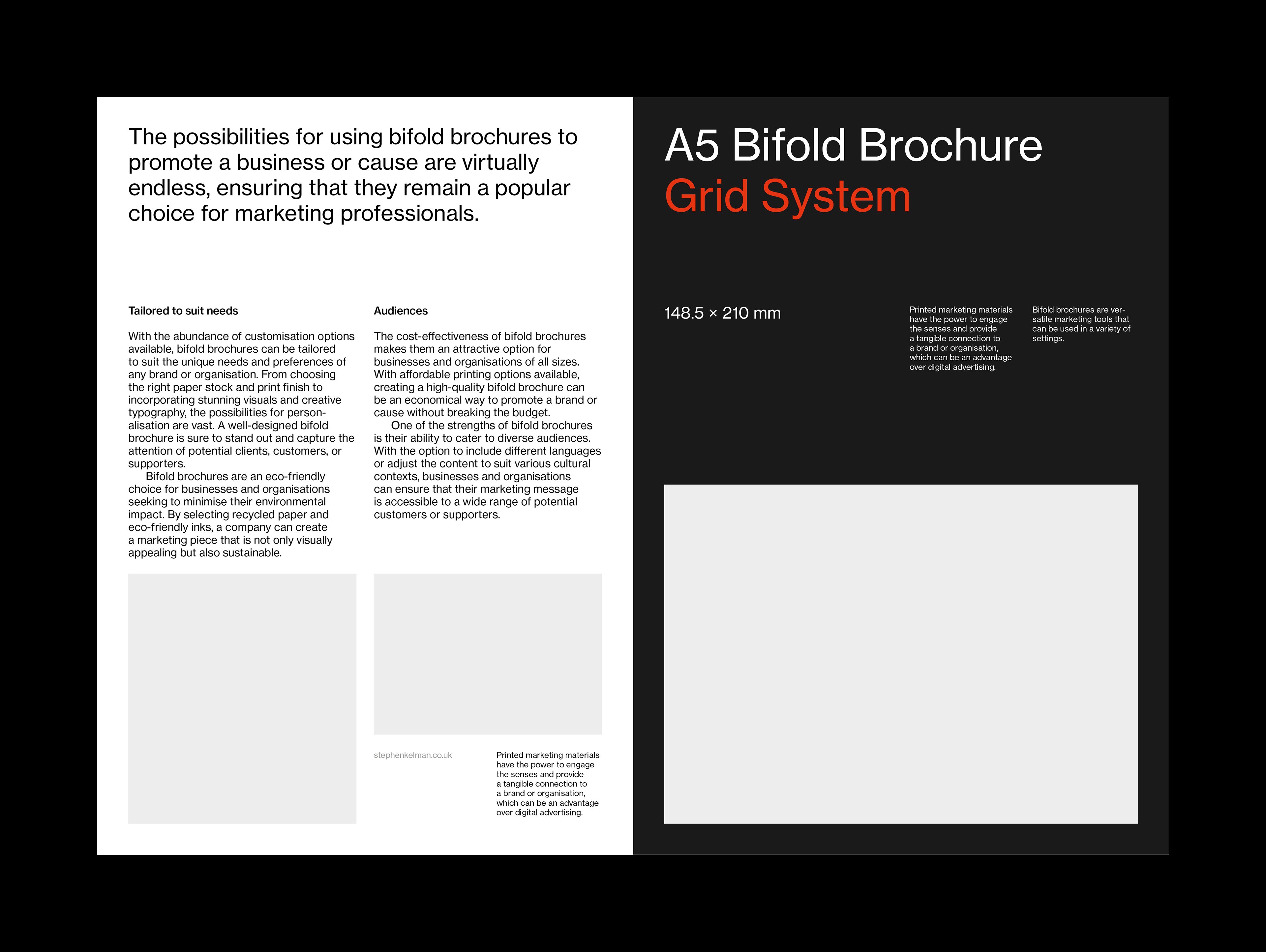 Example layout with Swiss style typography for the outside of an A5 bifold brochure. This example shows a mixture of left-aligned text and images on both light and dark backgrounds