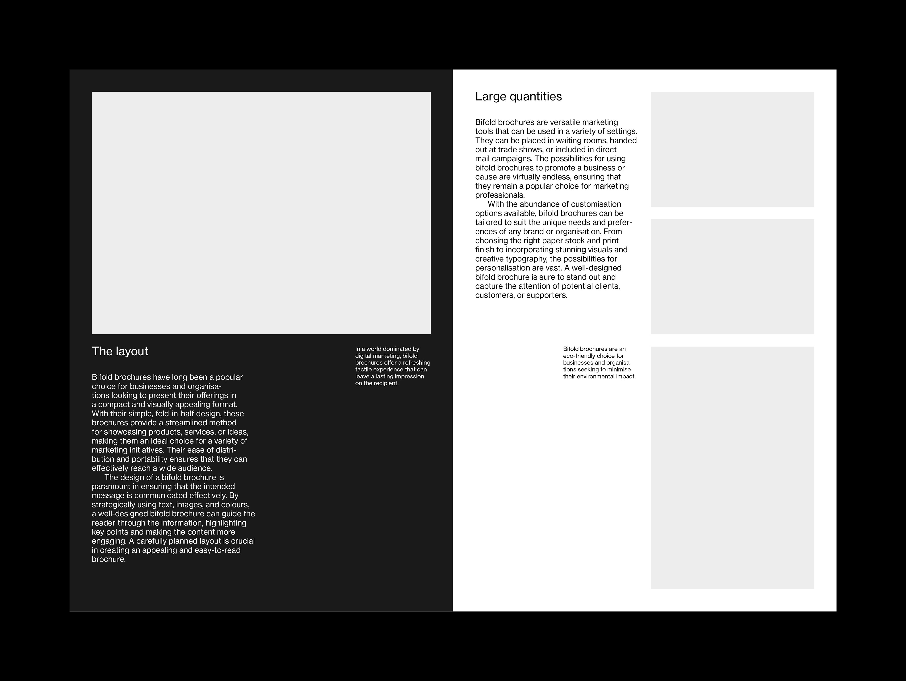 Example layout with Swiss style typography for the inside of an A5 bifold brochure. This example shows a mixture of left-aligned text and images on both light and dark backgrounds