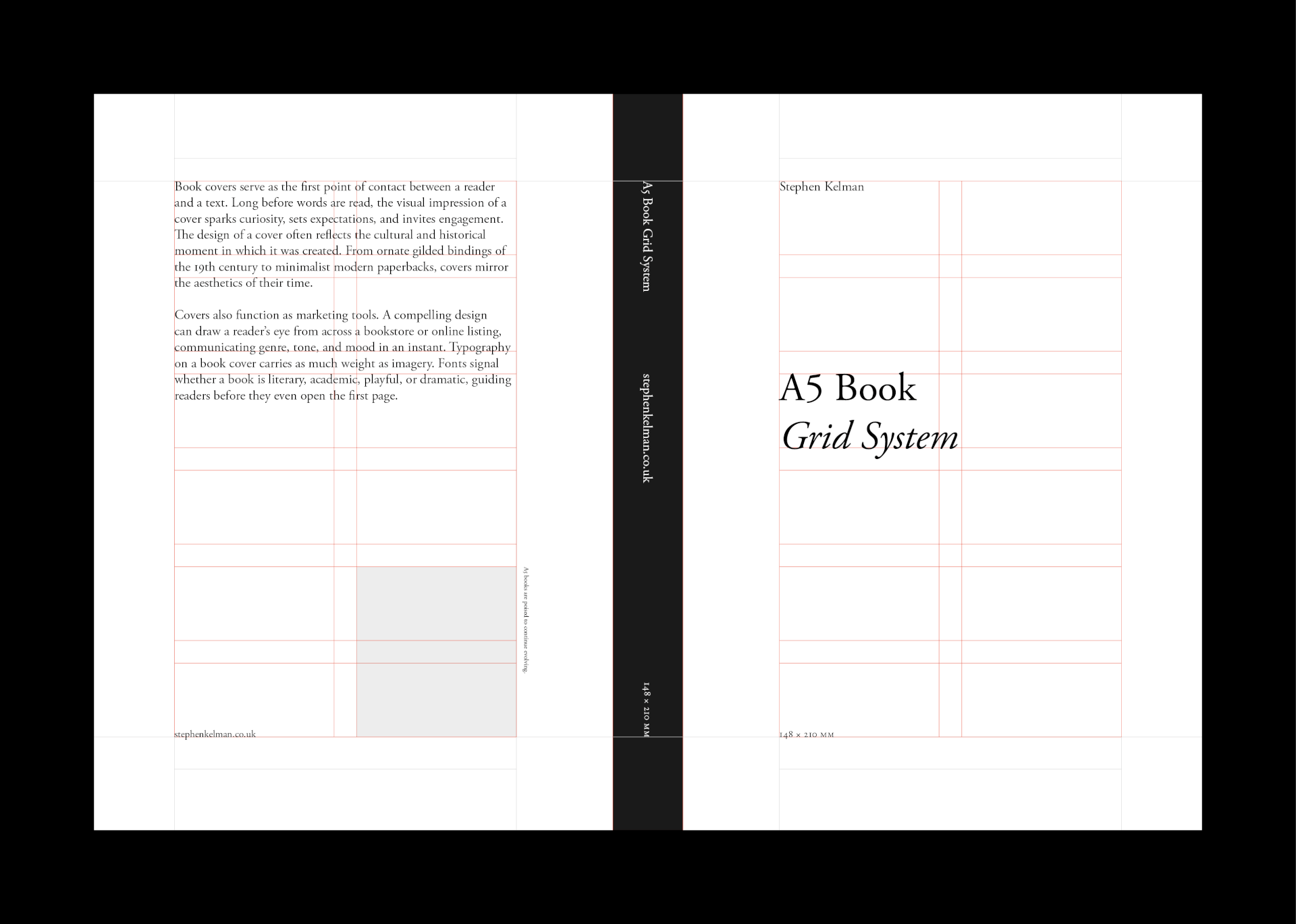 A5 Book Grid System for InDesign – full cover template with spine, serif titling and red grid overlay