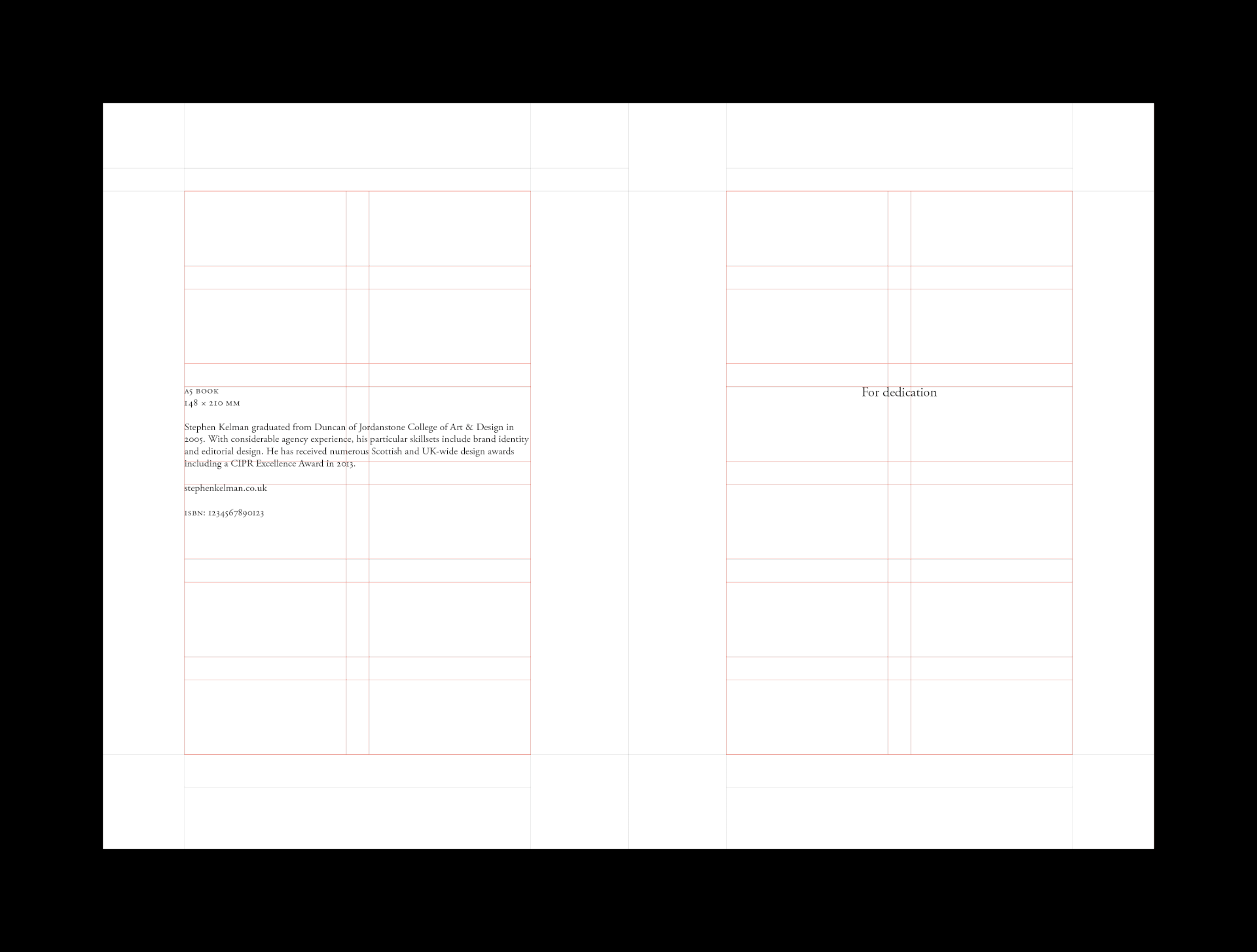 Prelims spread with red modular grid overlay over the imprint page and dedication
