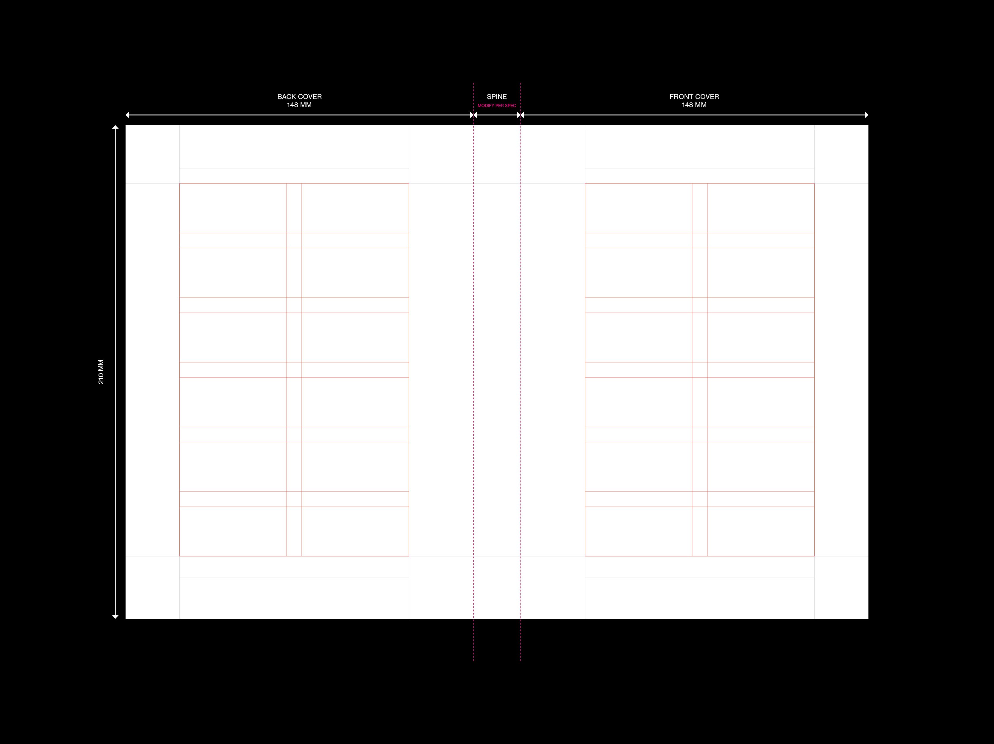 Dimensioned cover diagram marking back cover, spine and front cover widths on a black ground