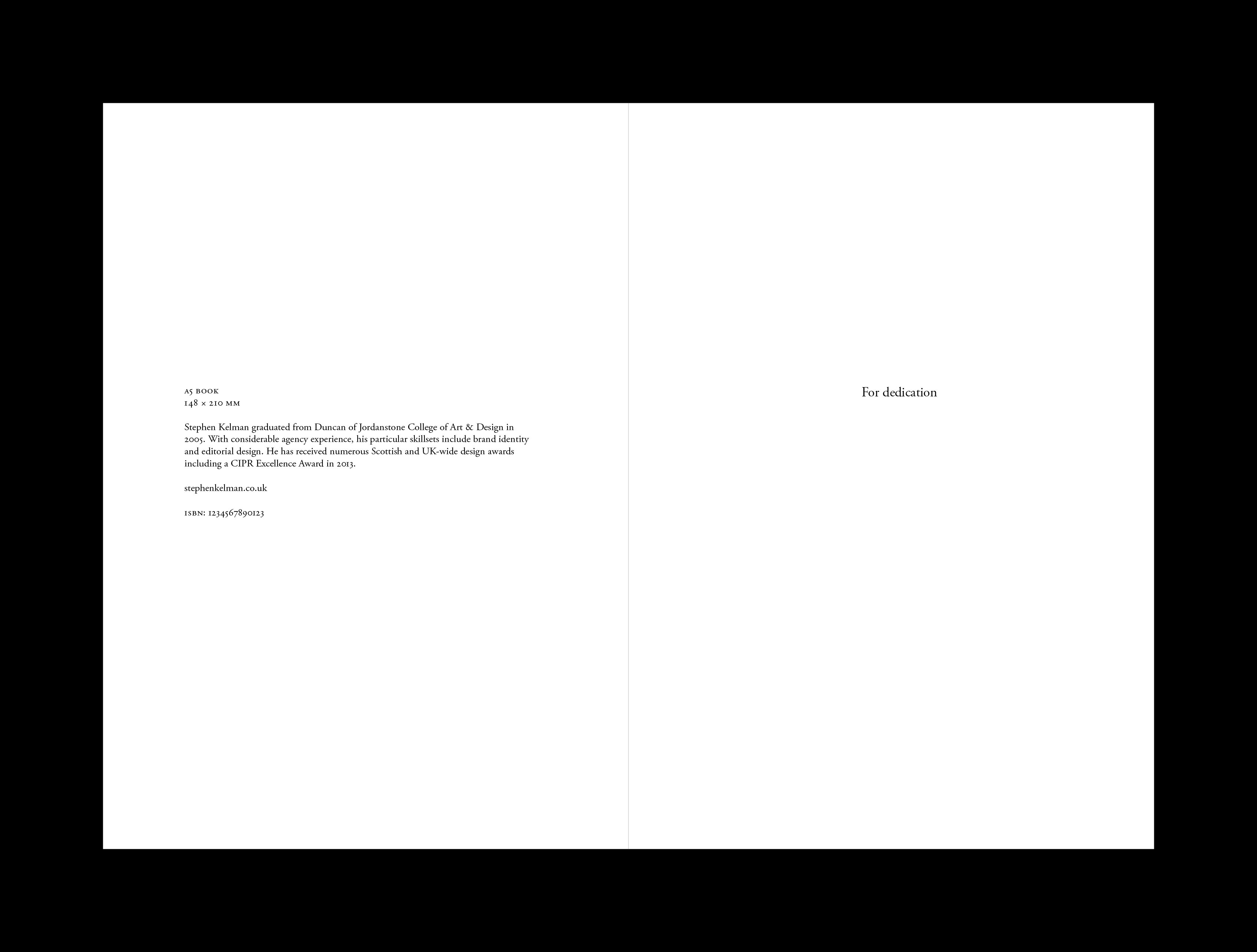 Clean imprint and dedication spread showing the finished prelim pages without grid guides