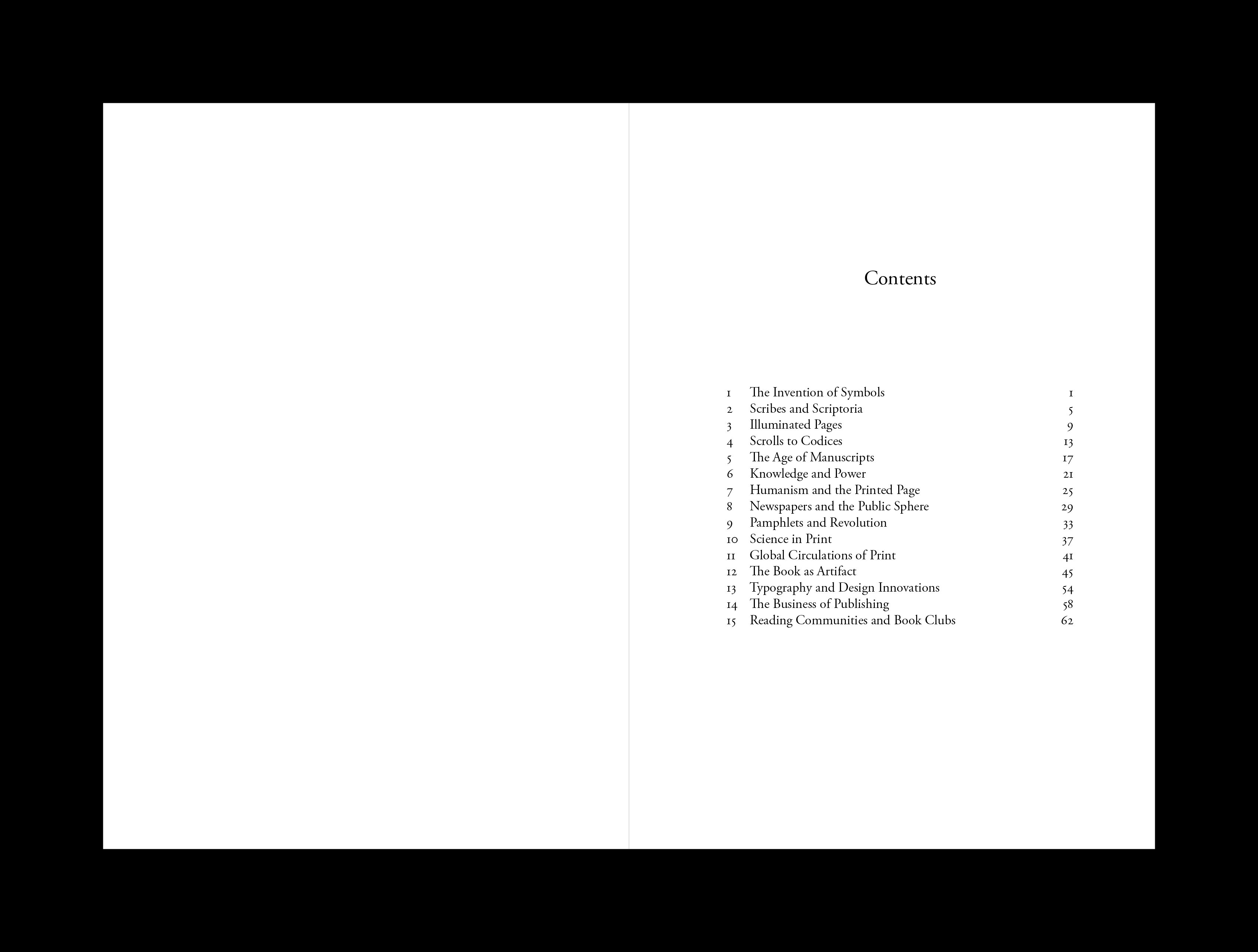 Contents page listing fifteen numbered chapters in classical serif typography