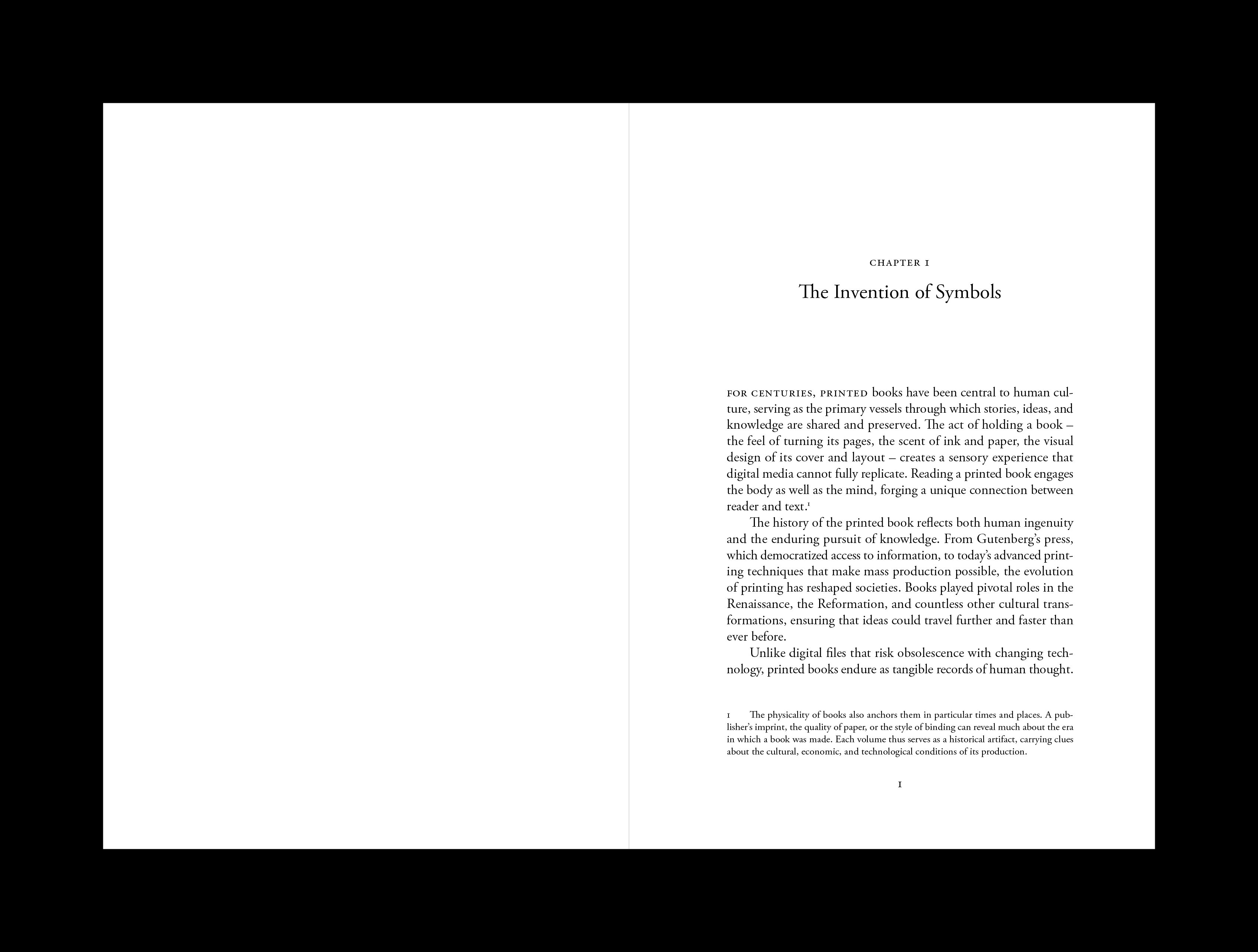 Chapter opening page with centred heading, justified serif text and a footnote