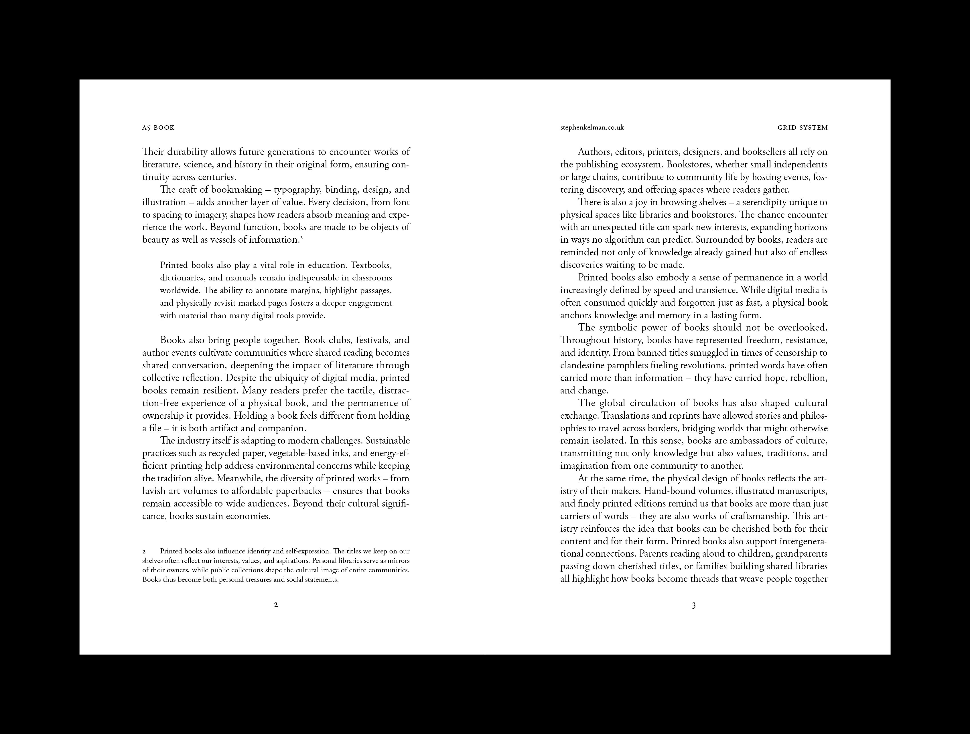 Running text spread showing justified serif body copy, running heads and folios across both pages