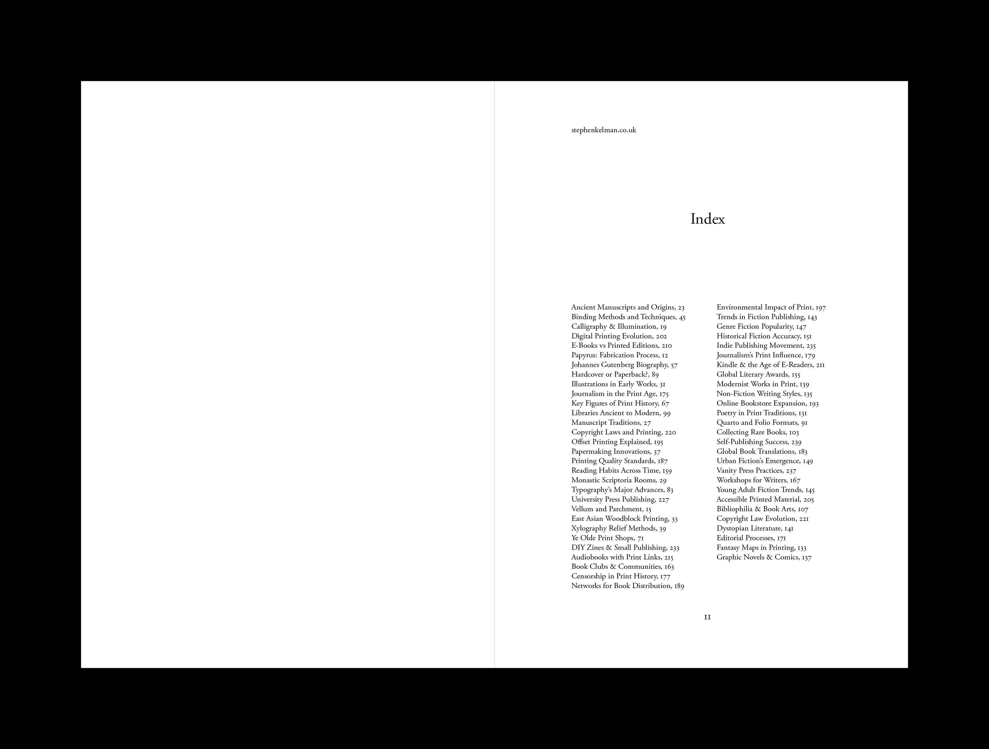 Index spread with two alphabetised columns of entries and page references