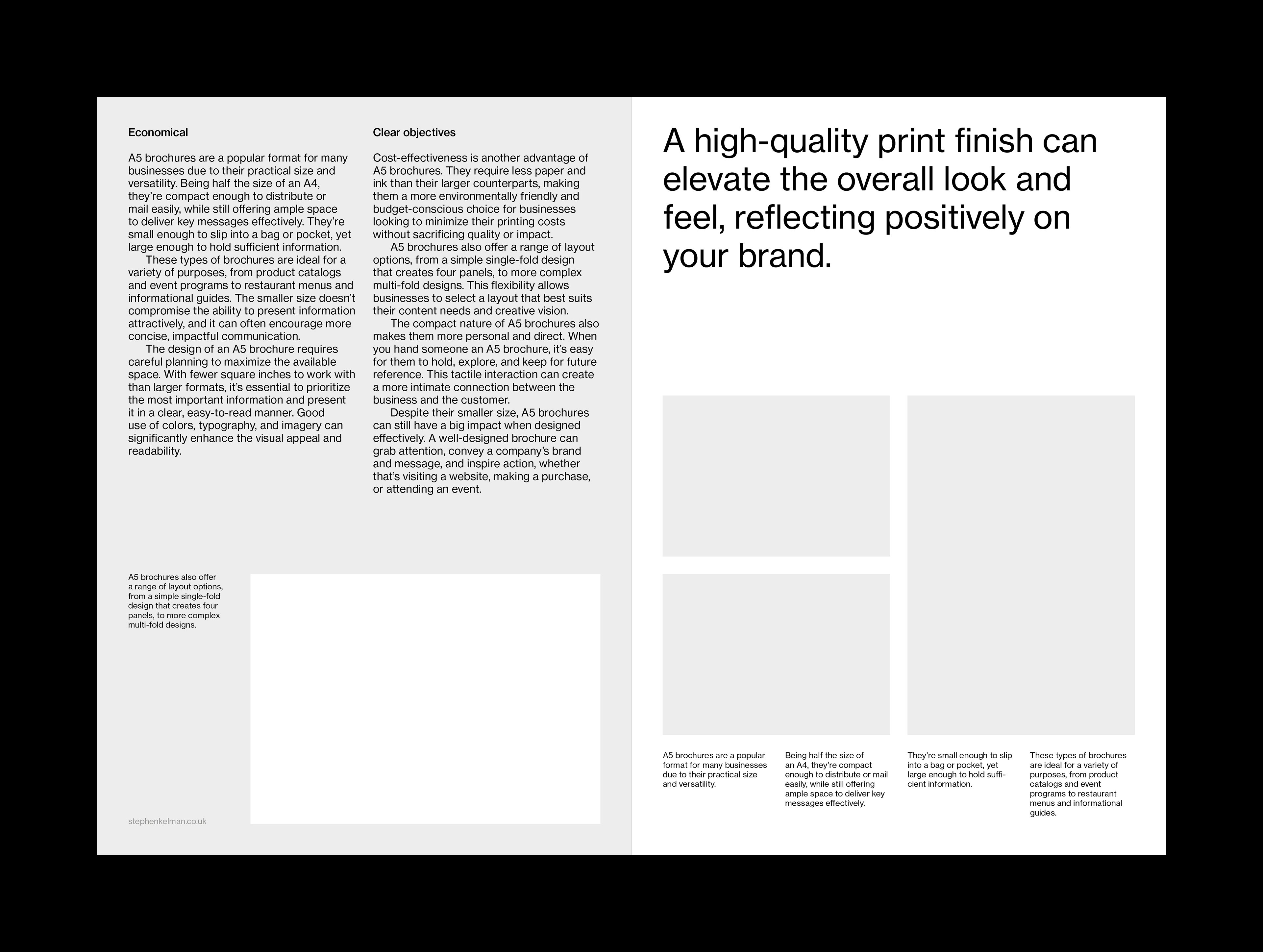 Inside spread example for a smaller format brochure. The spread shown has a variety of text and images on lightbackgrounds