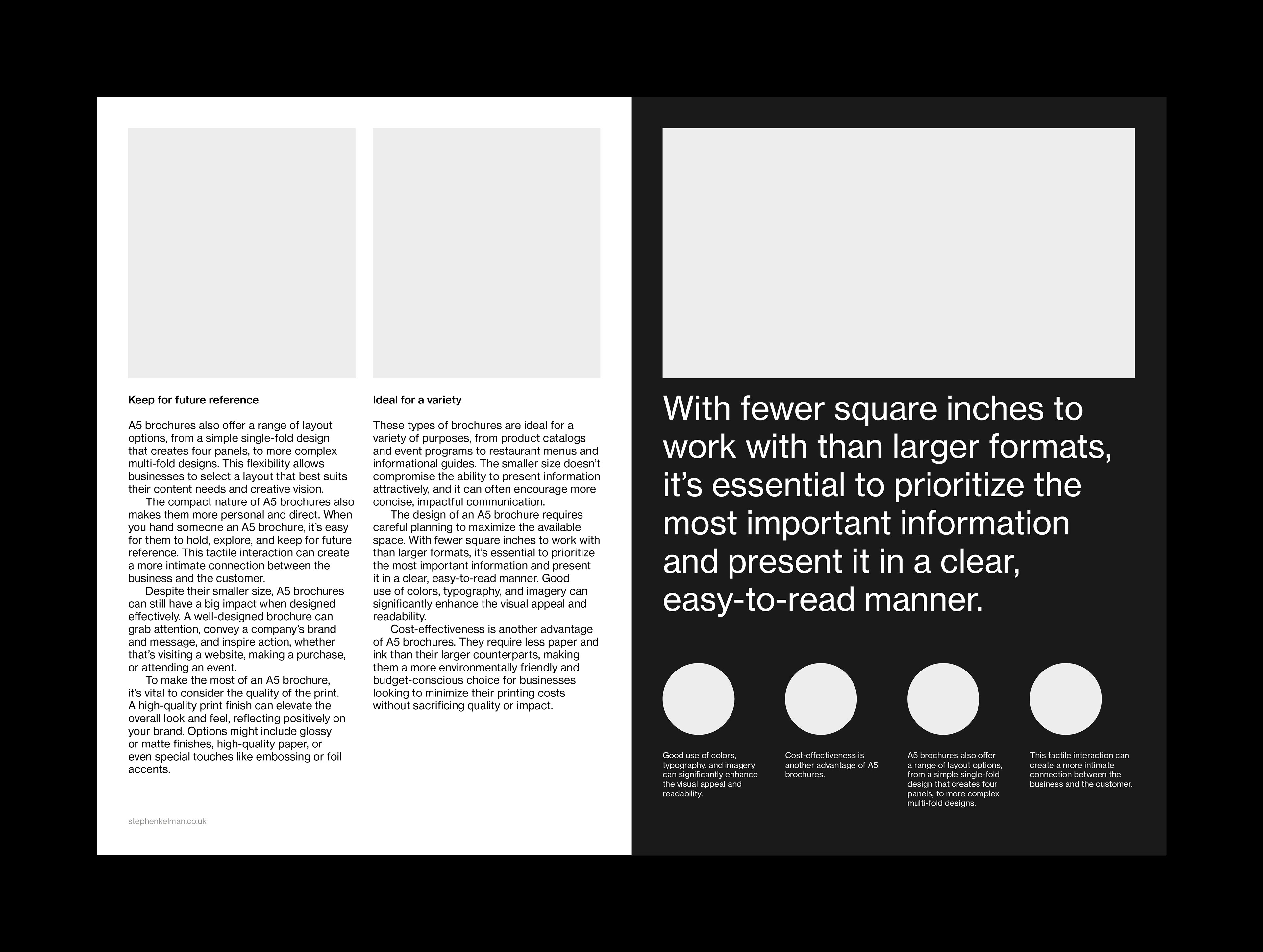 Swiss style layout example for a smaller format A5 InDesign brochure template. This spread has a light background on the left and a dark background on the right