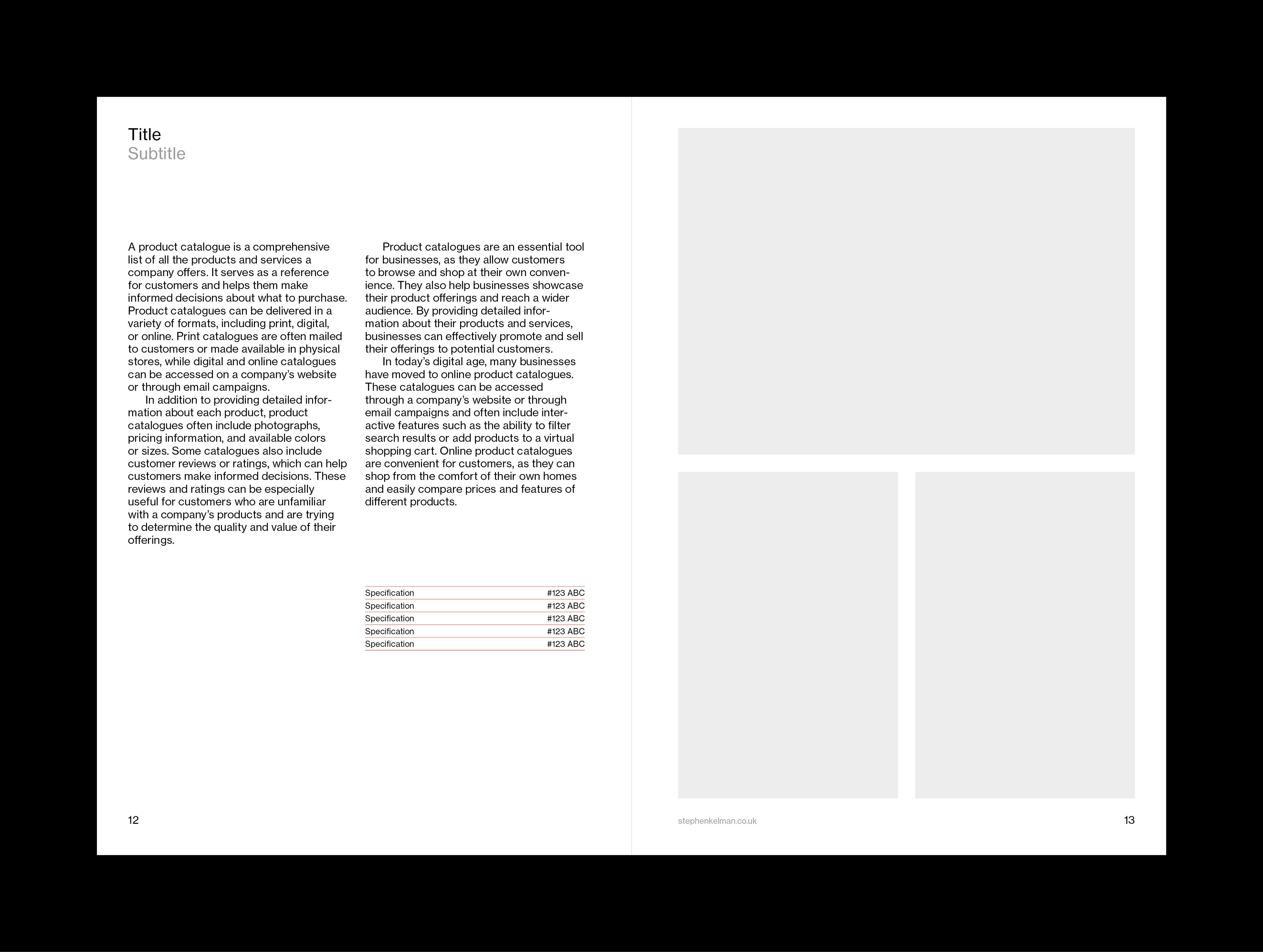 Spread example for A5 catalogue grid system for Adobe InDesign. This example shows simple, left aligned text and a photo grid on the right hand spread
