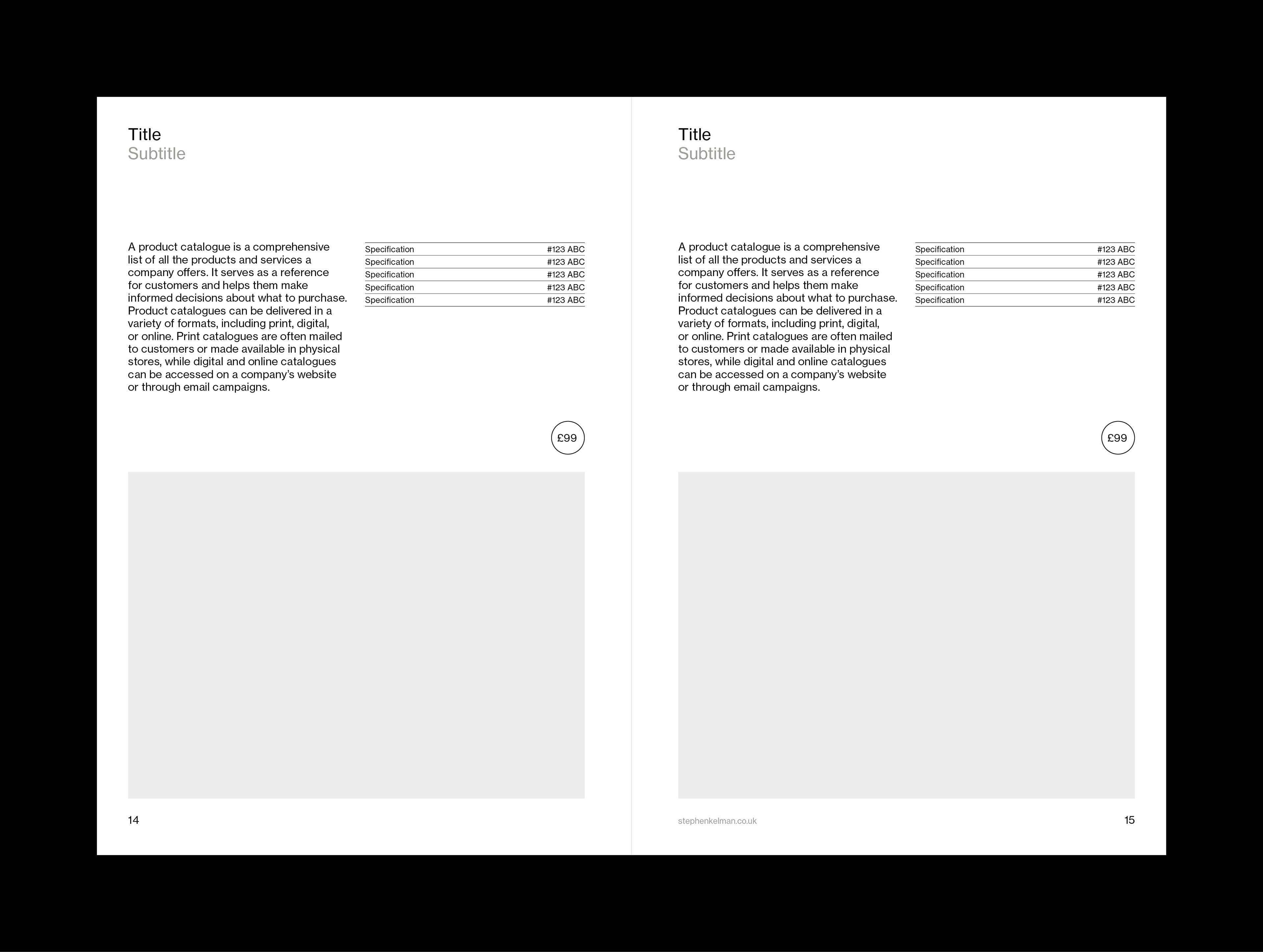 Internal layout example for A5 catalogue grid system and template for Adobe InDesign. This layout shows a mixture of text and images