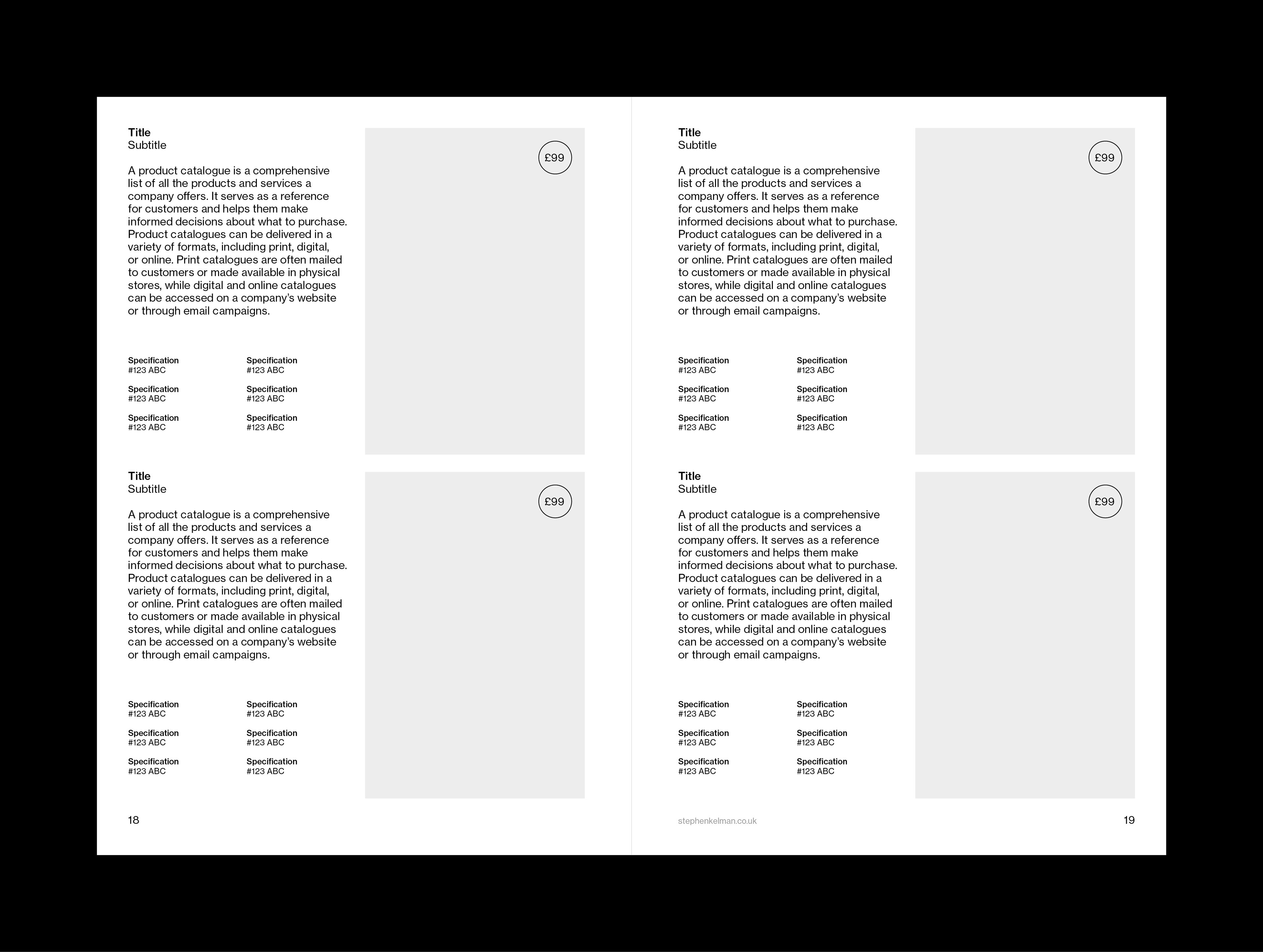 Internal layout example for A5 catalogue grid system and template for Adobe InDesign. This layout shows a mixture of text and images