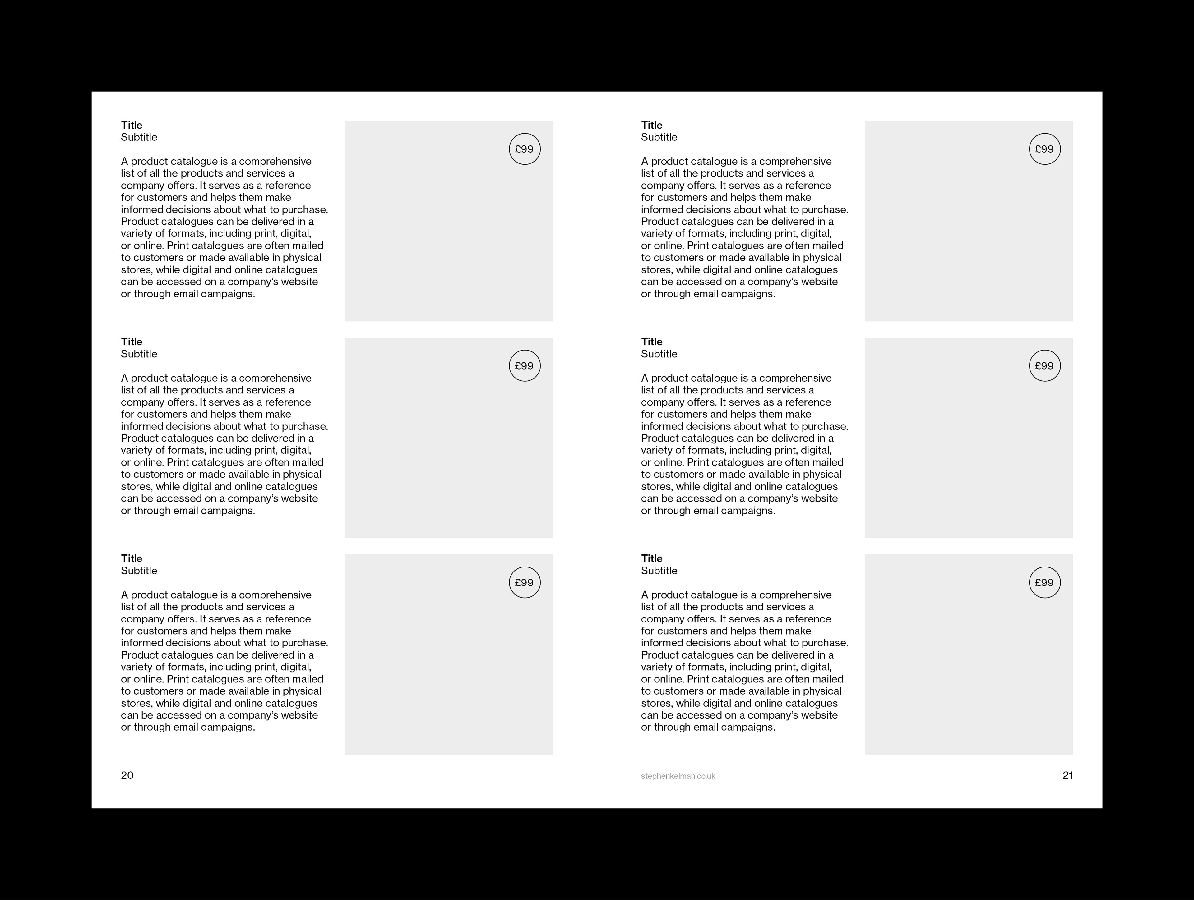 Internal layout example for A5 catalogue grid system and template for Adobe InDesign. This layout shows a mixture of text and images