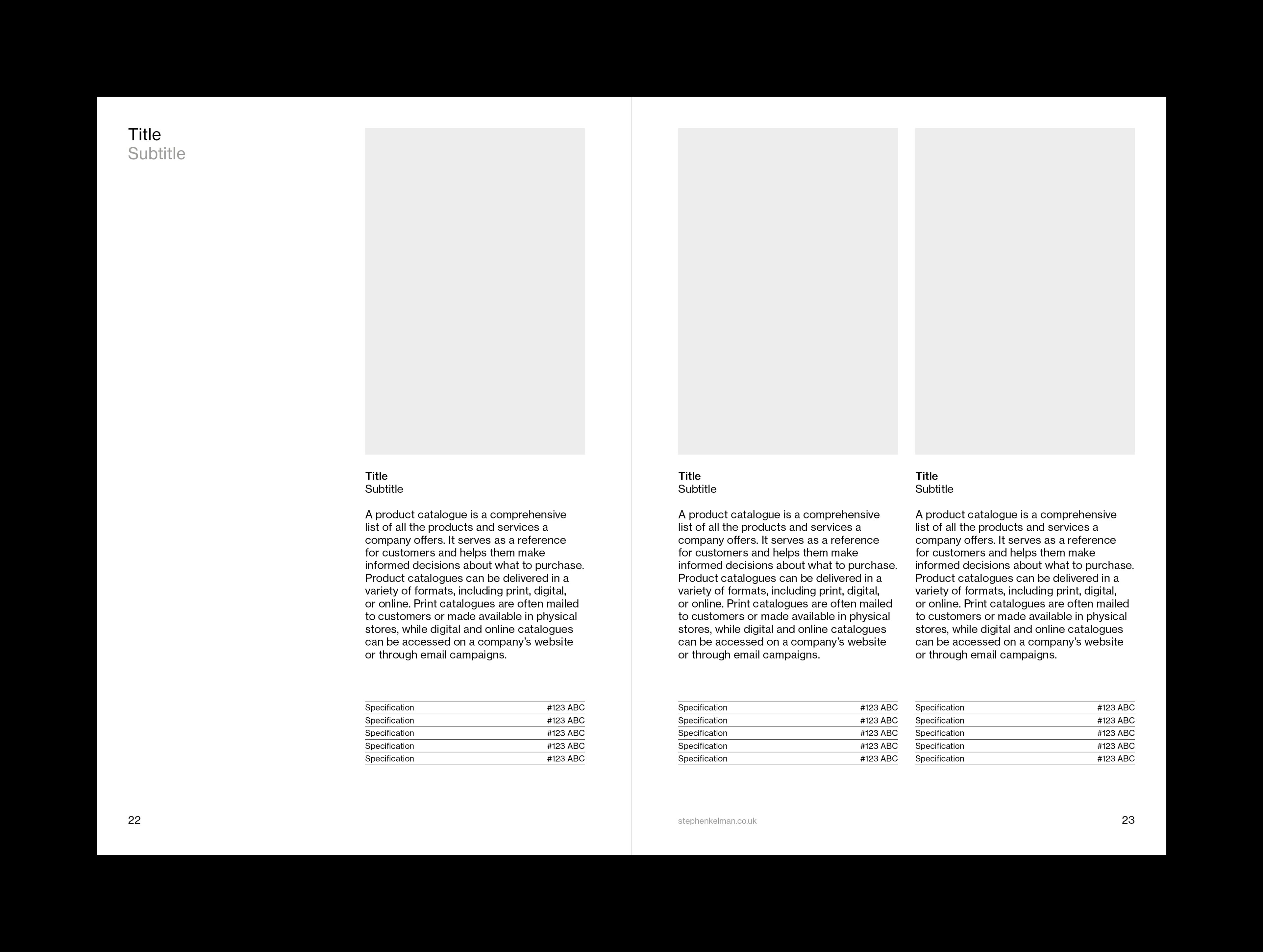 Internal layout example for A5 catalogue grid system and template for Adobe InDesign. This layout shows a mixture of text and images