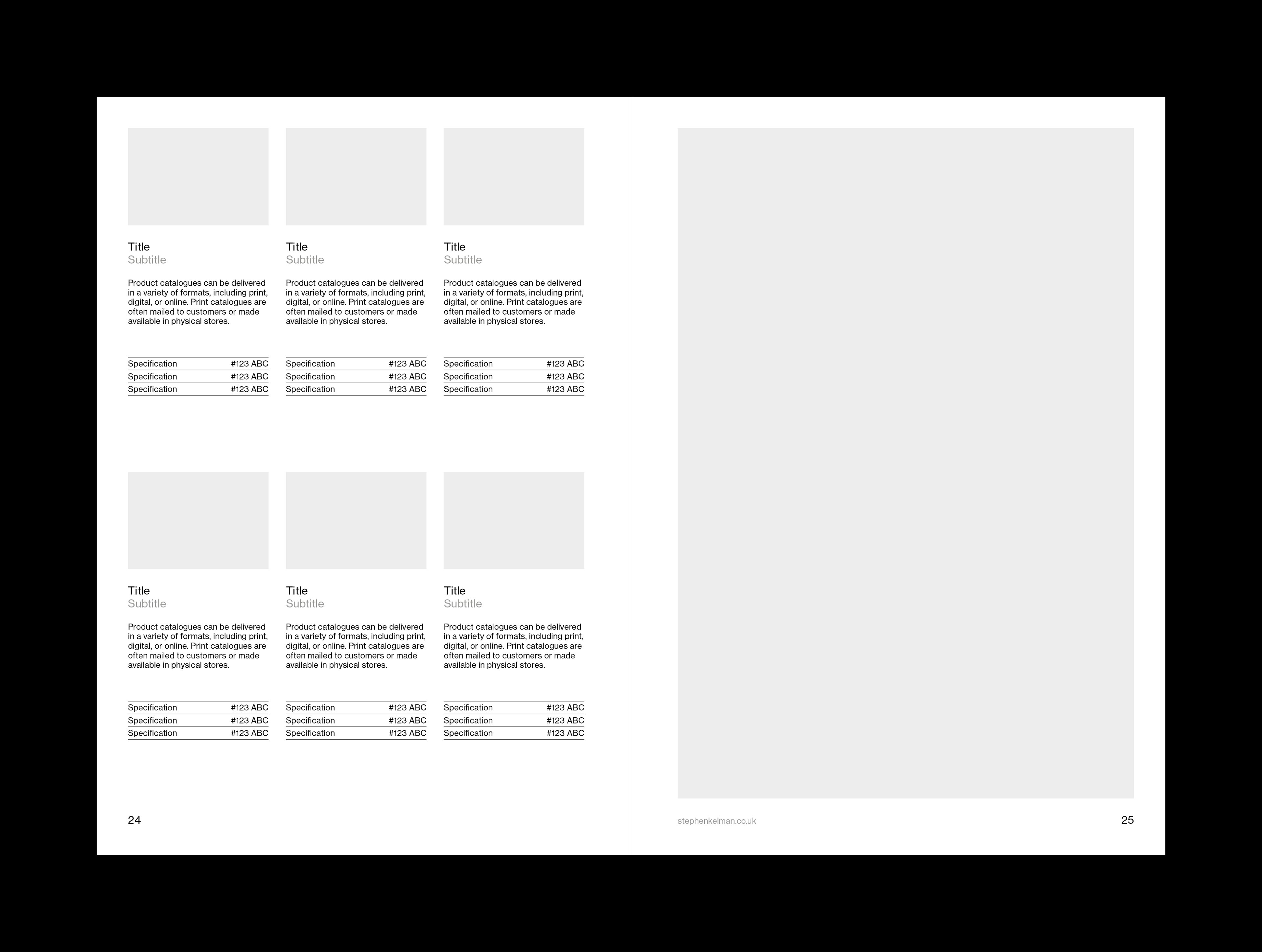 Internal layout example for A5 catalogue grid system and template for Adobe InDesign. This layout shows a mixture of text and images – with a large image on the right hand page