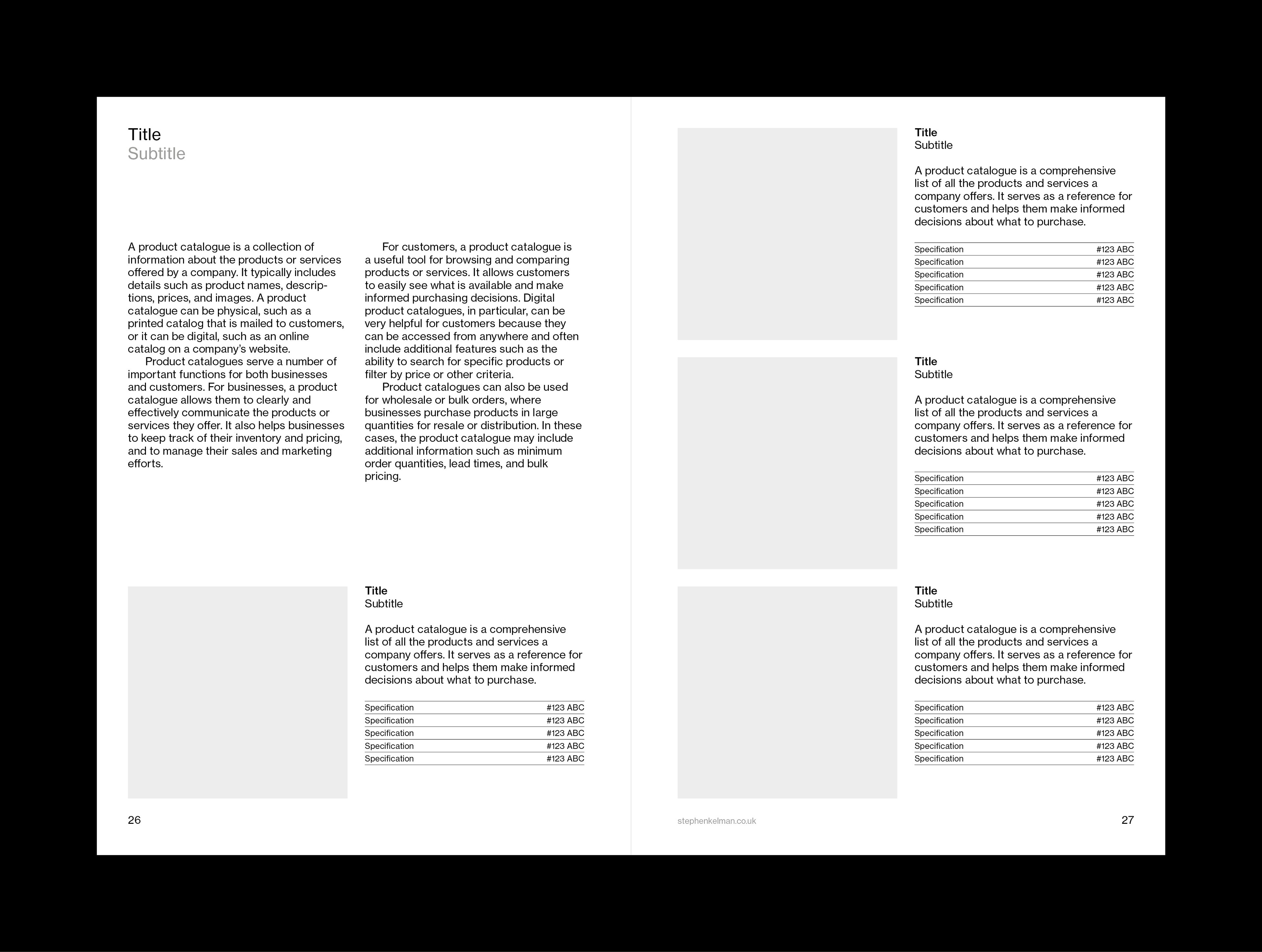 Internal layout example for A5 catalogue grid system and template for Adobe InDesign. This layout shows a mixture of text and images