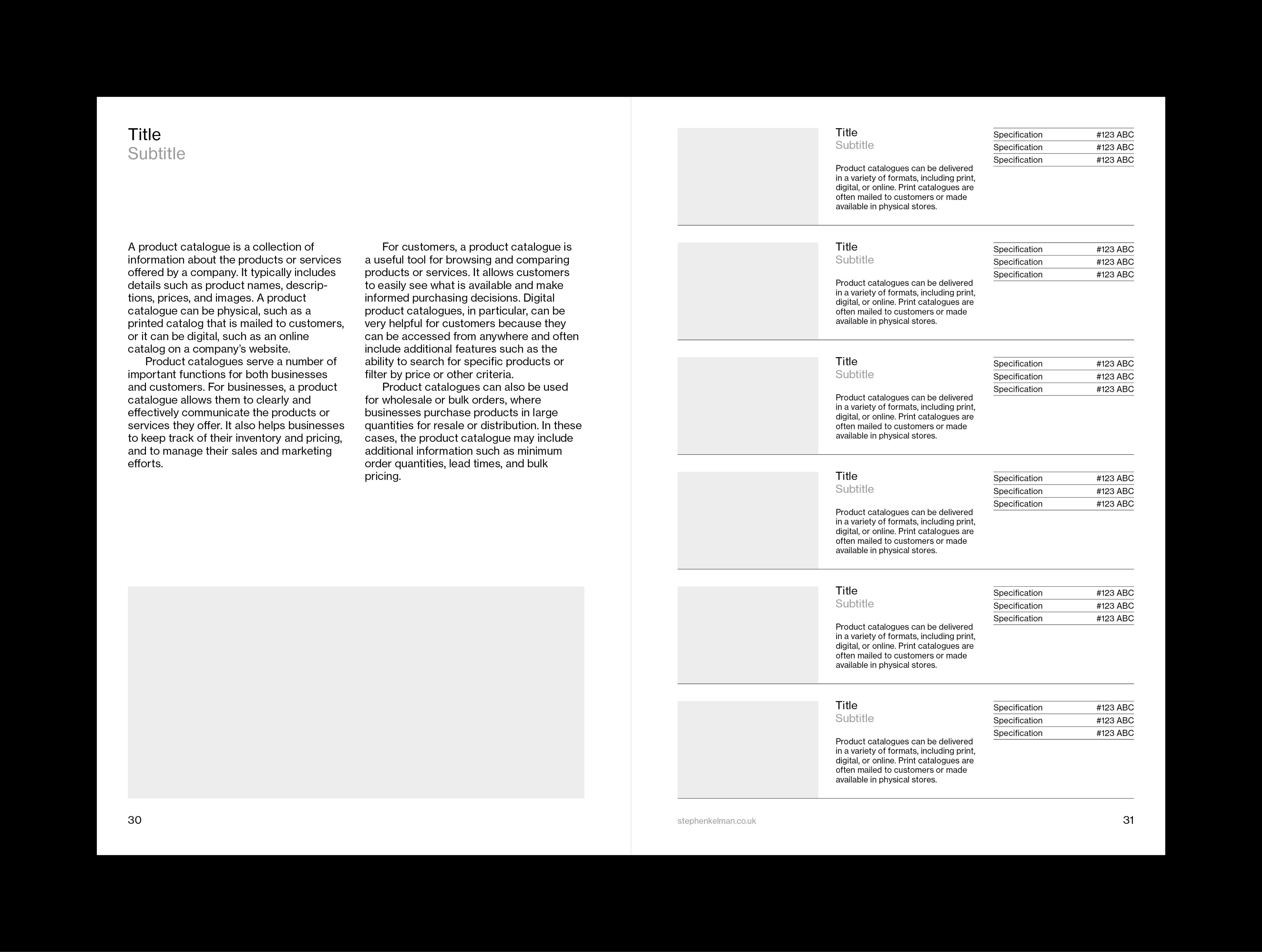Internal layout example for A5 catalogue grid system and template for Adobe InDesign. This layout shows a mixture of text and images