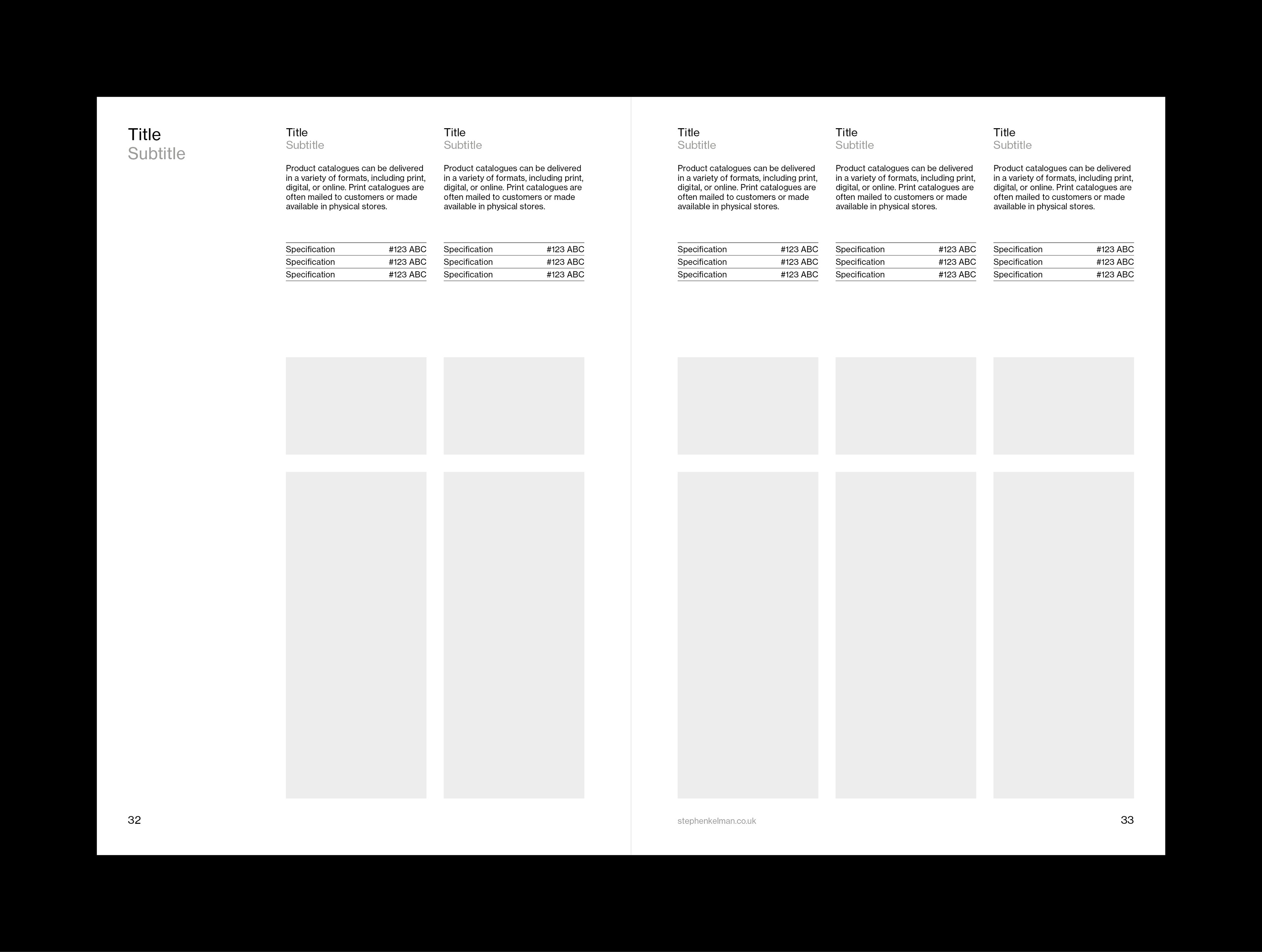 Internal layout example for A5 catalogue grid system and template for Adobe InDesign. This layout shows a mixture of text and images