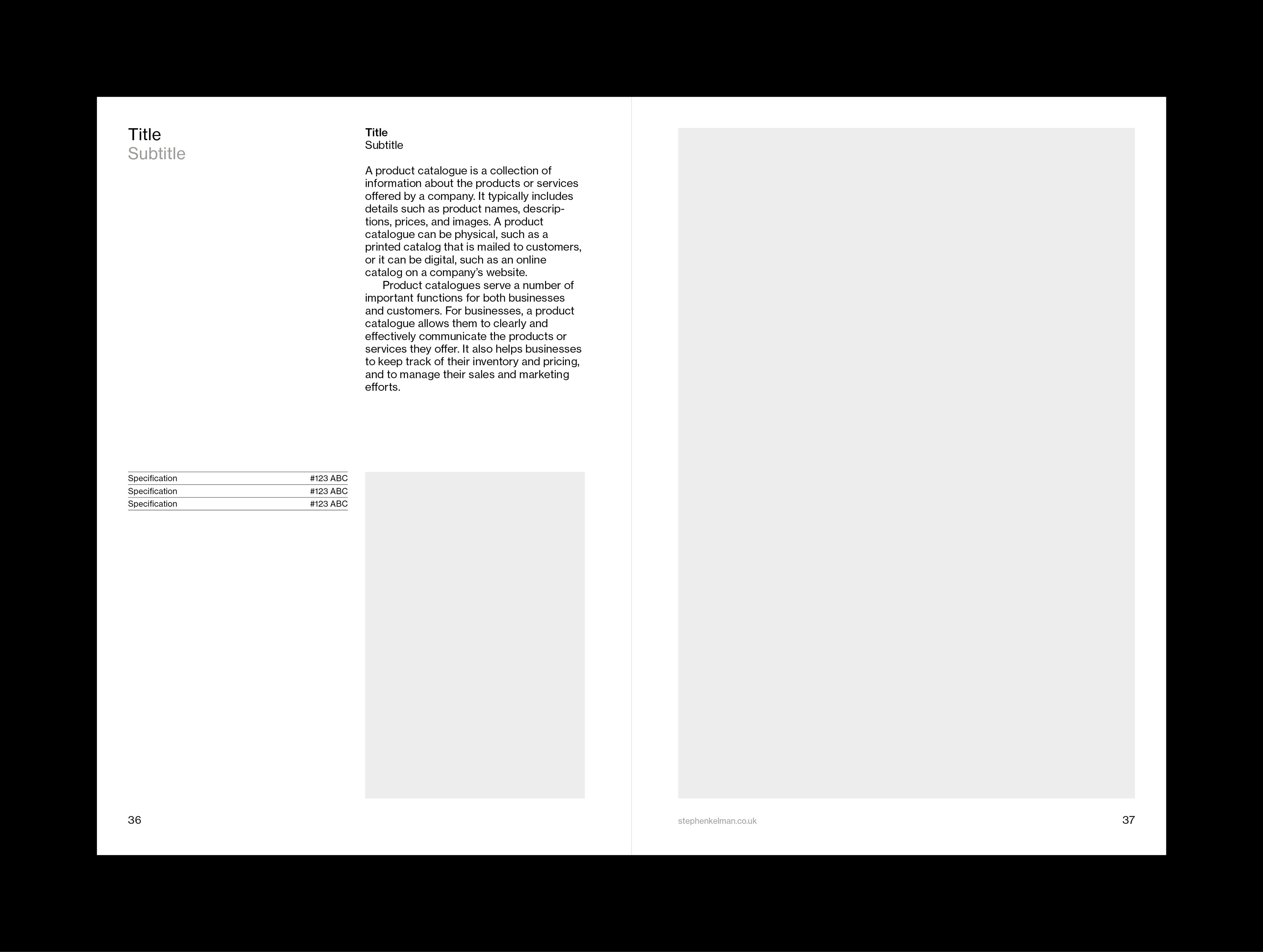 Internal layout example for A5 catalogue grid system and template for Adobe InDesign. This layout shows a mixture of text and images – this example is on a white background. On the right hand page there is room for a large image