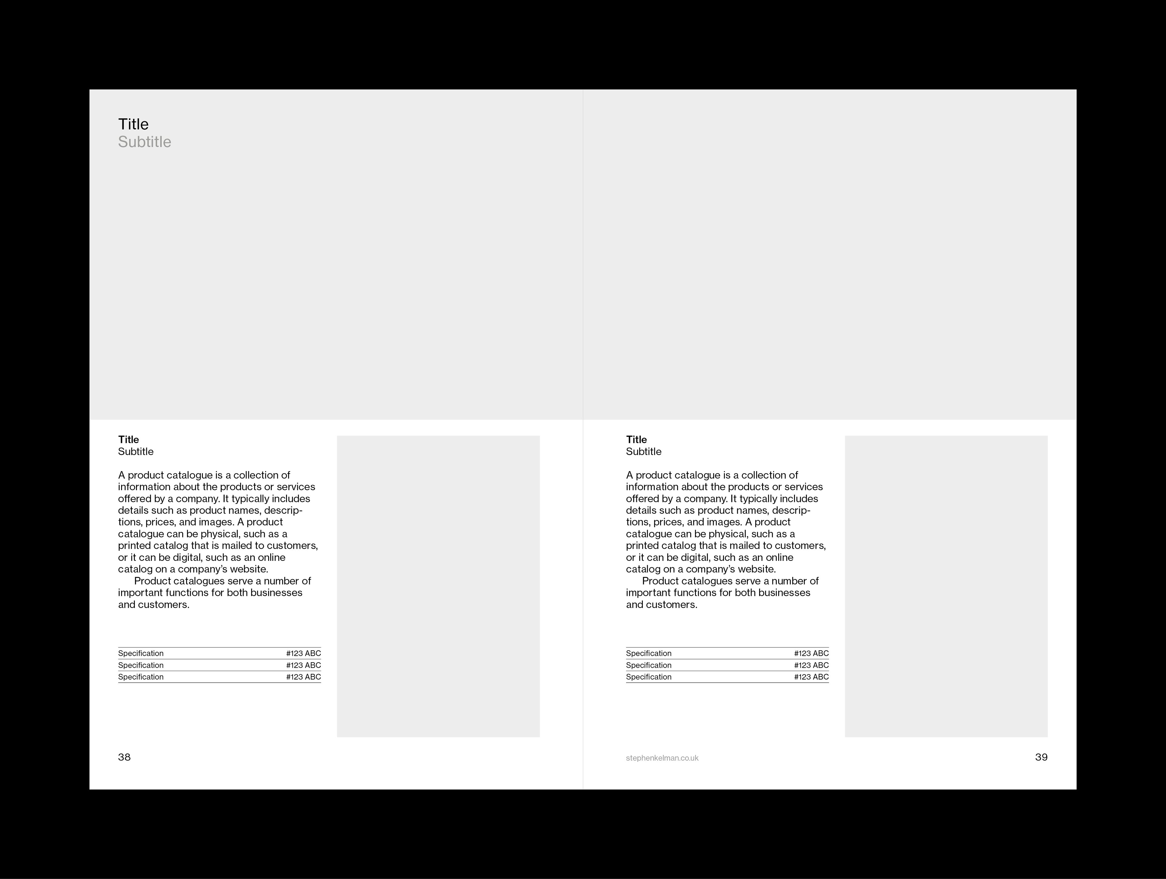 Internal layout example for A5 catalogue grid system and template for Adobe InDesign. This layout shows a mixture of text and images – this example is on a white background