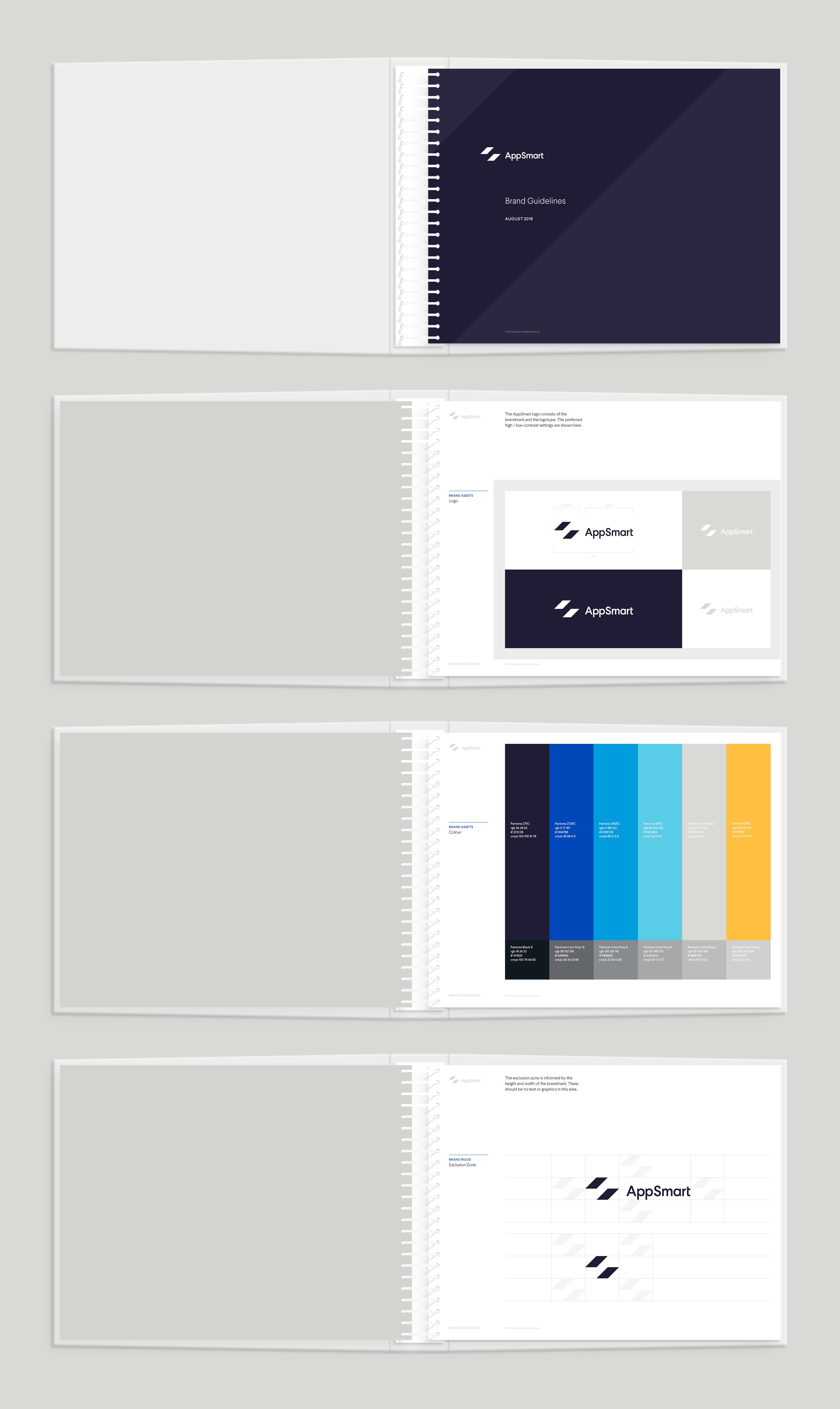 Four AppSmart brand guidelines spreads stacked on grey, showing the cover, logo lockups, the colour palette and the brandmark exclusion zone.