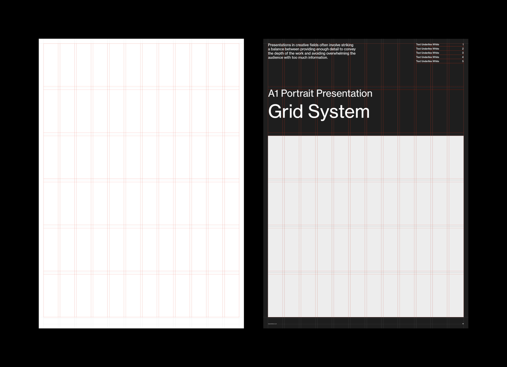 A1 portrait pair showing the empty red grid page beside a dark title board with grey image area