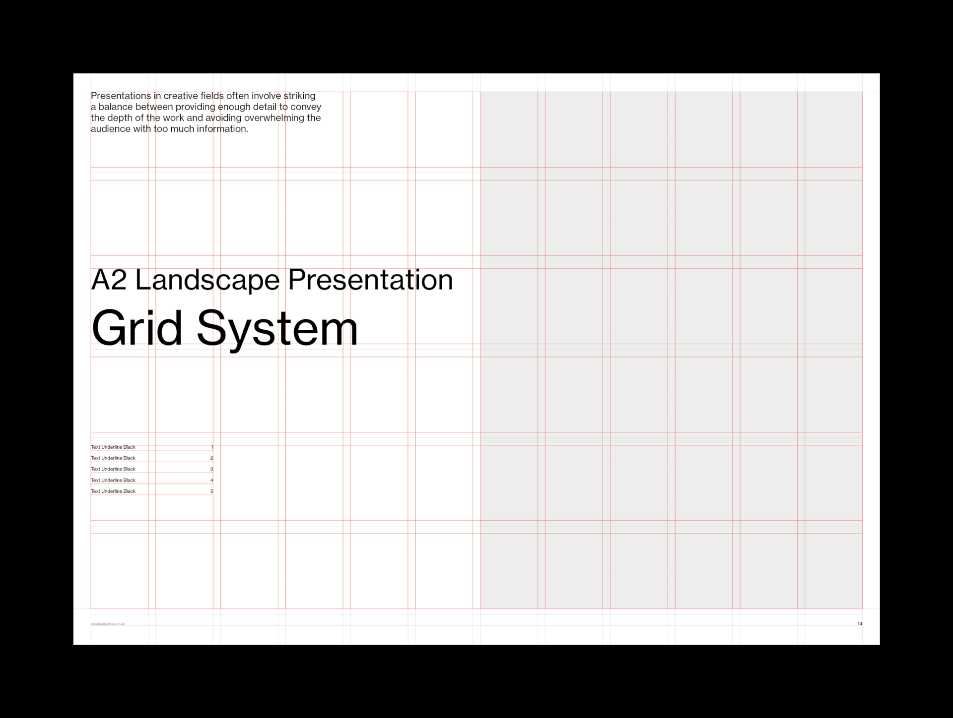 A2 landscape presentation board with fine red column grid and numbered list beside the title
