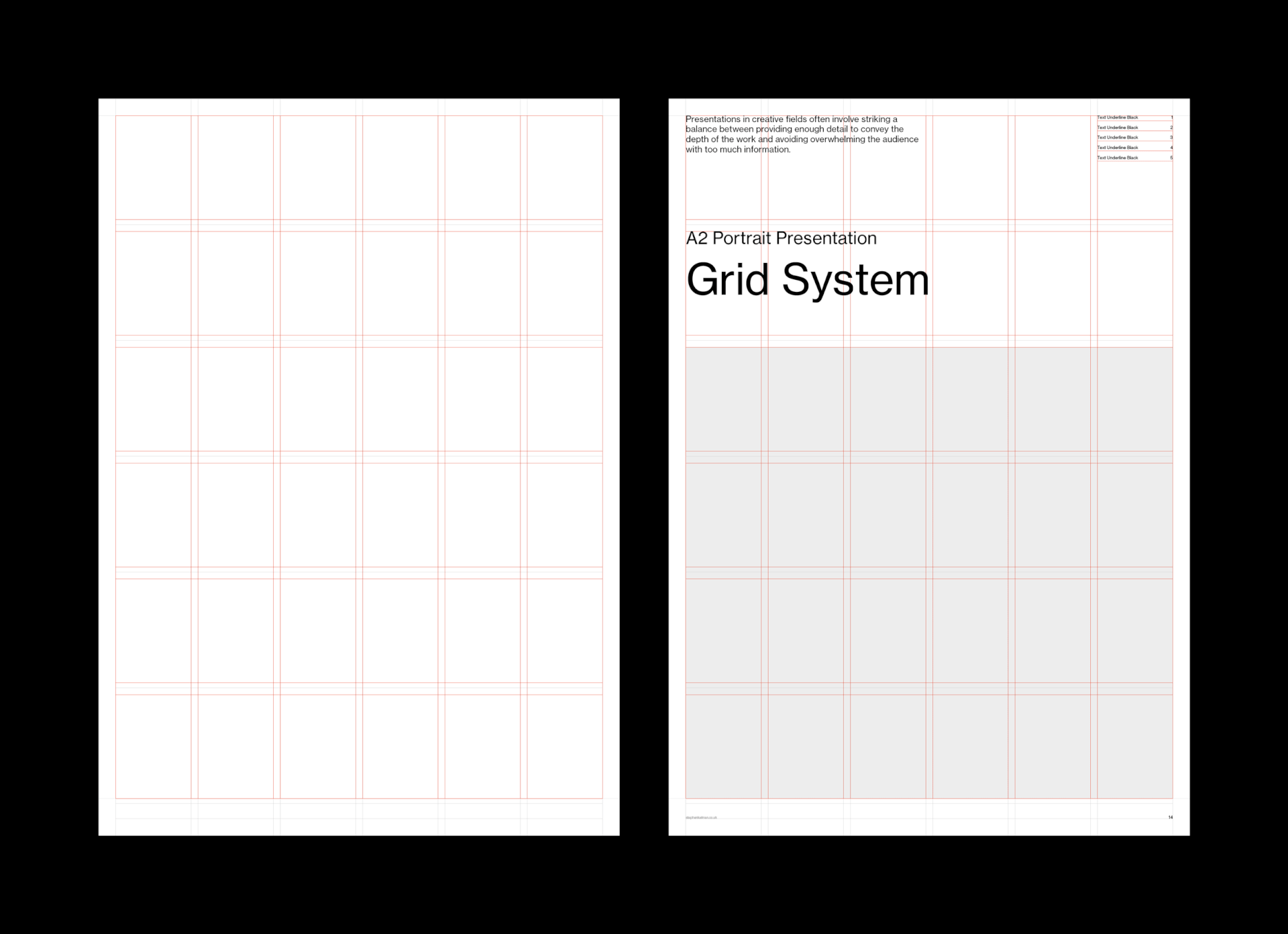 A2 portrait boards side by side, one bare modular grid and one titled layout with image field
