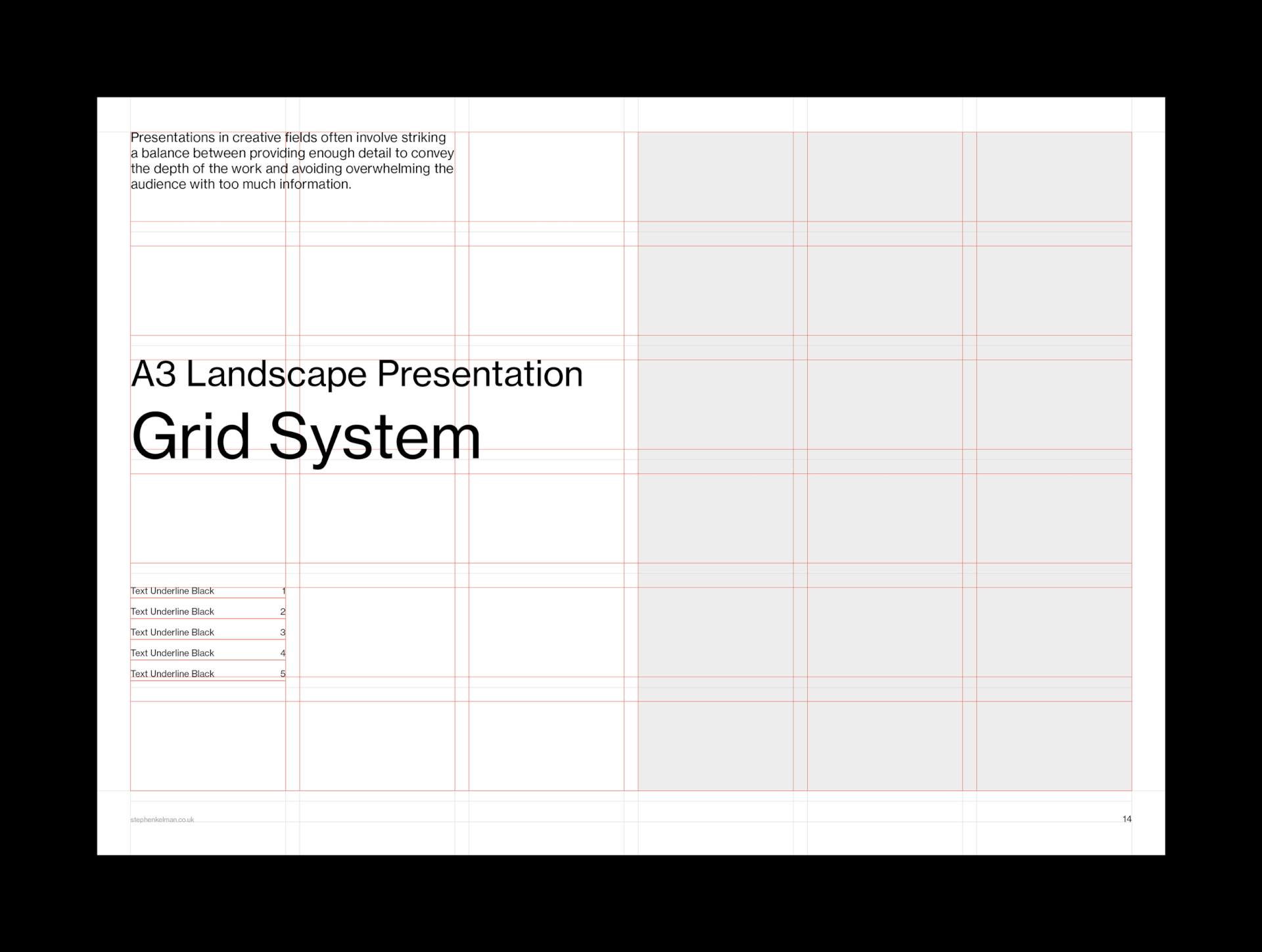 A3 landscape board with title, introduction copy and grey image placeholders on the modular grid