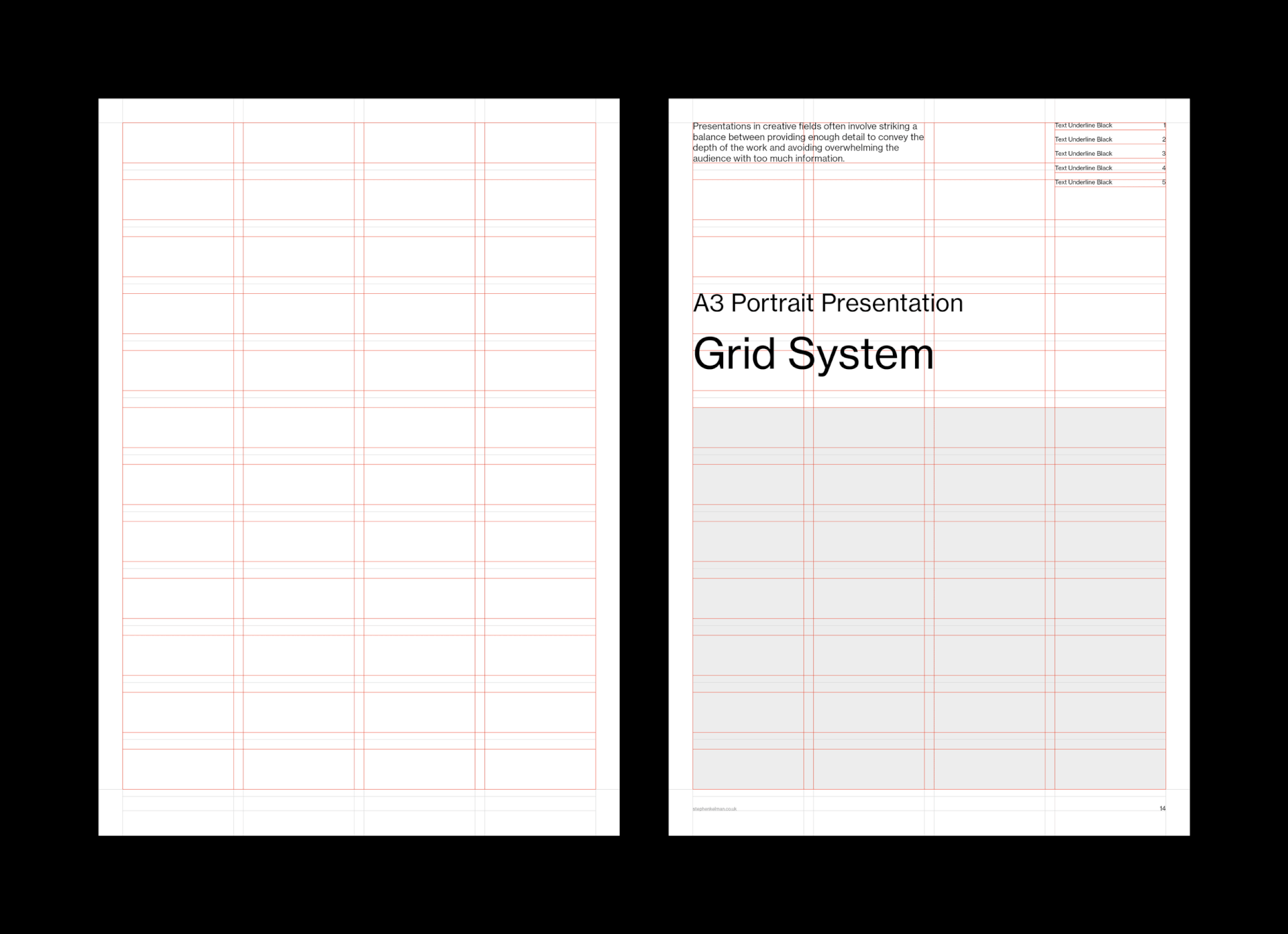 A3 portrait pair of shallow-row grid page and titled board with full-width image area