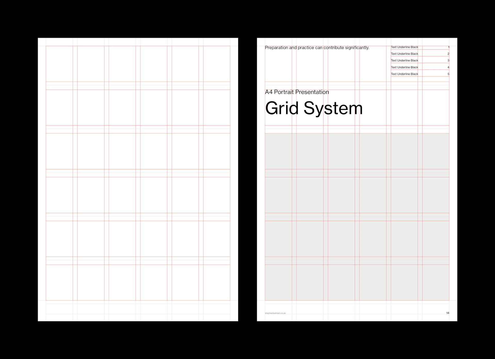 A4 portrait boards showing the empty field grid alongside a composed title page with image area