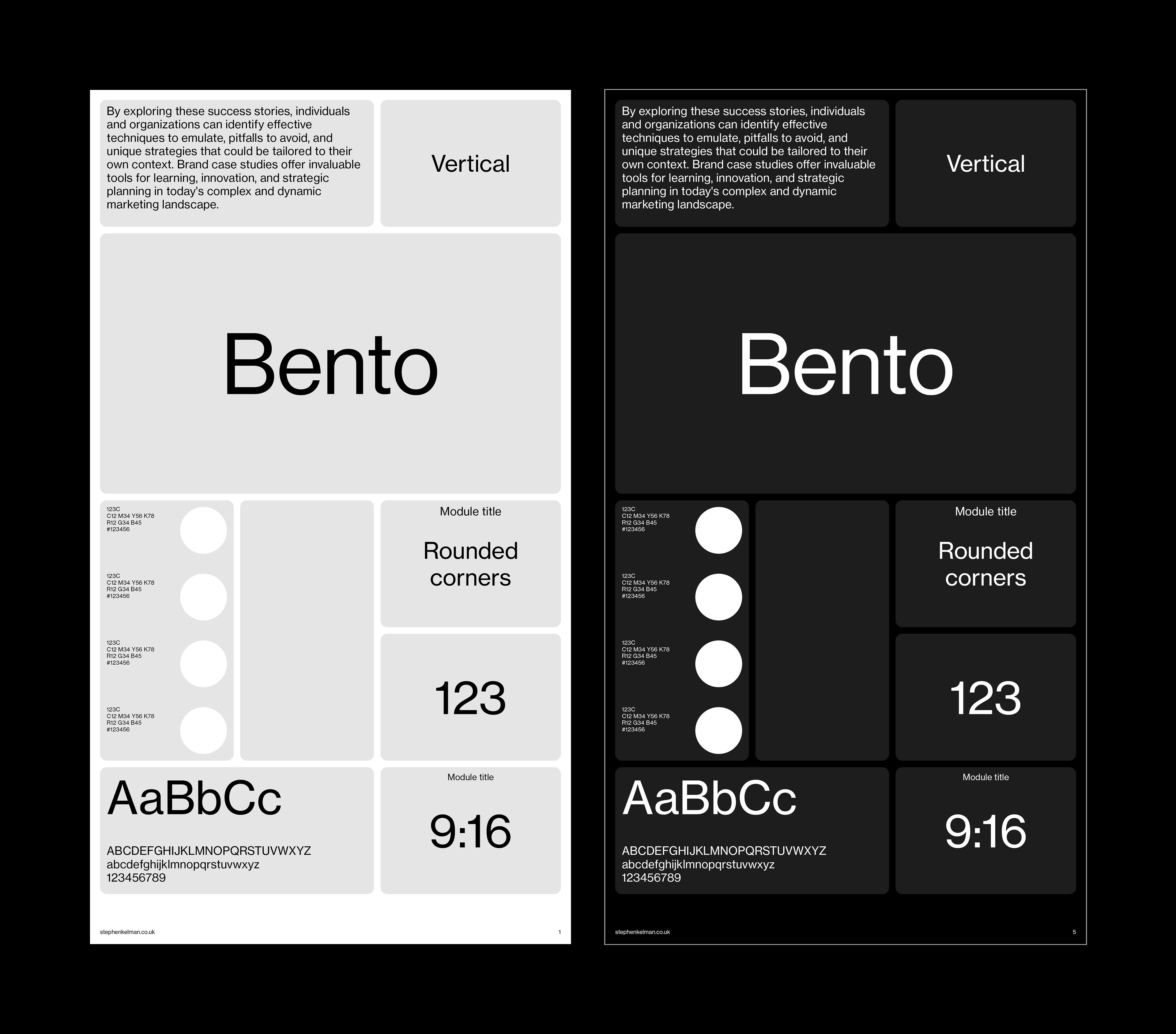 Layout examples for the 16:9 portrait grid system template for Adobe InDesign