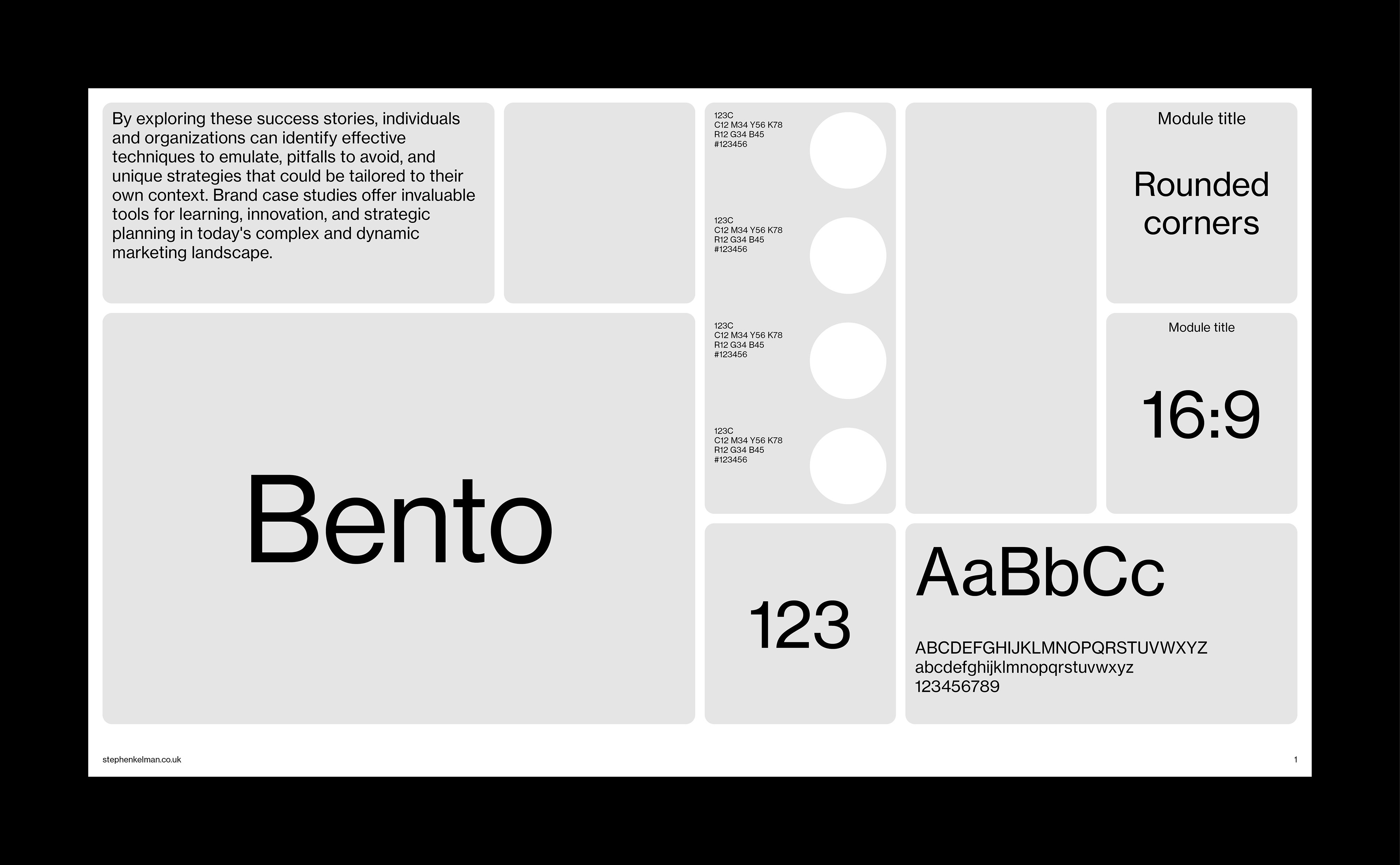 Bento Style Presentation Grid System for InDesign | Example layout on white background
