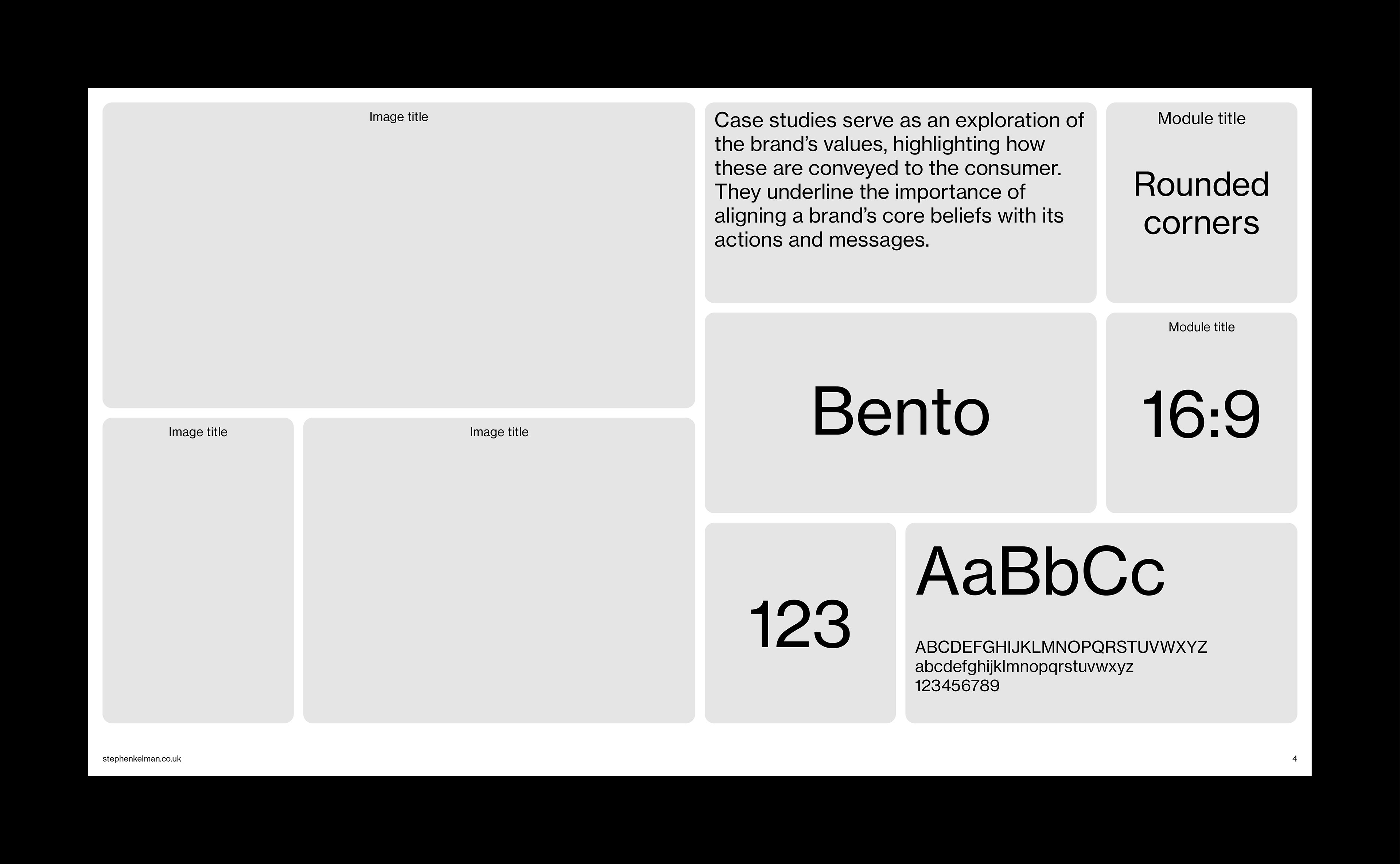 Bento Style Presentation Grid System for InDesign | Example layout on white background
