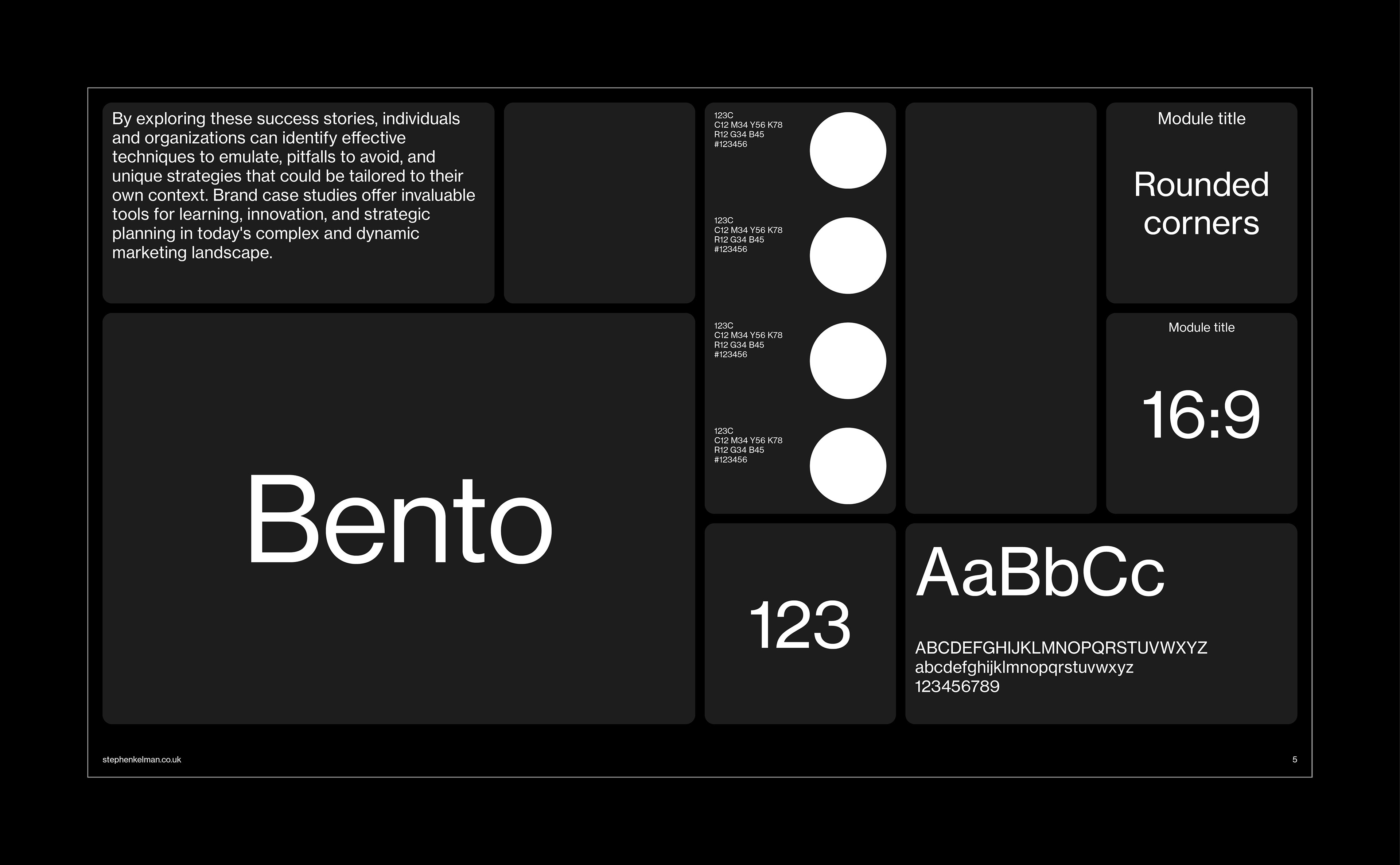 Bento Style Presentation Grid System for InDesign | Example layout on black background