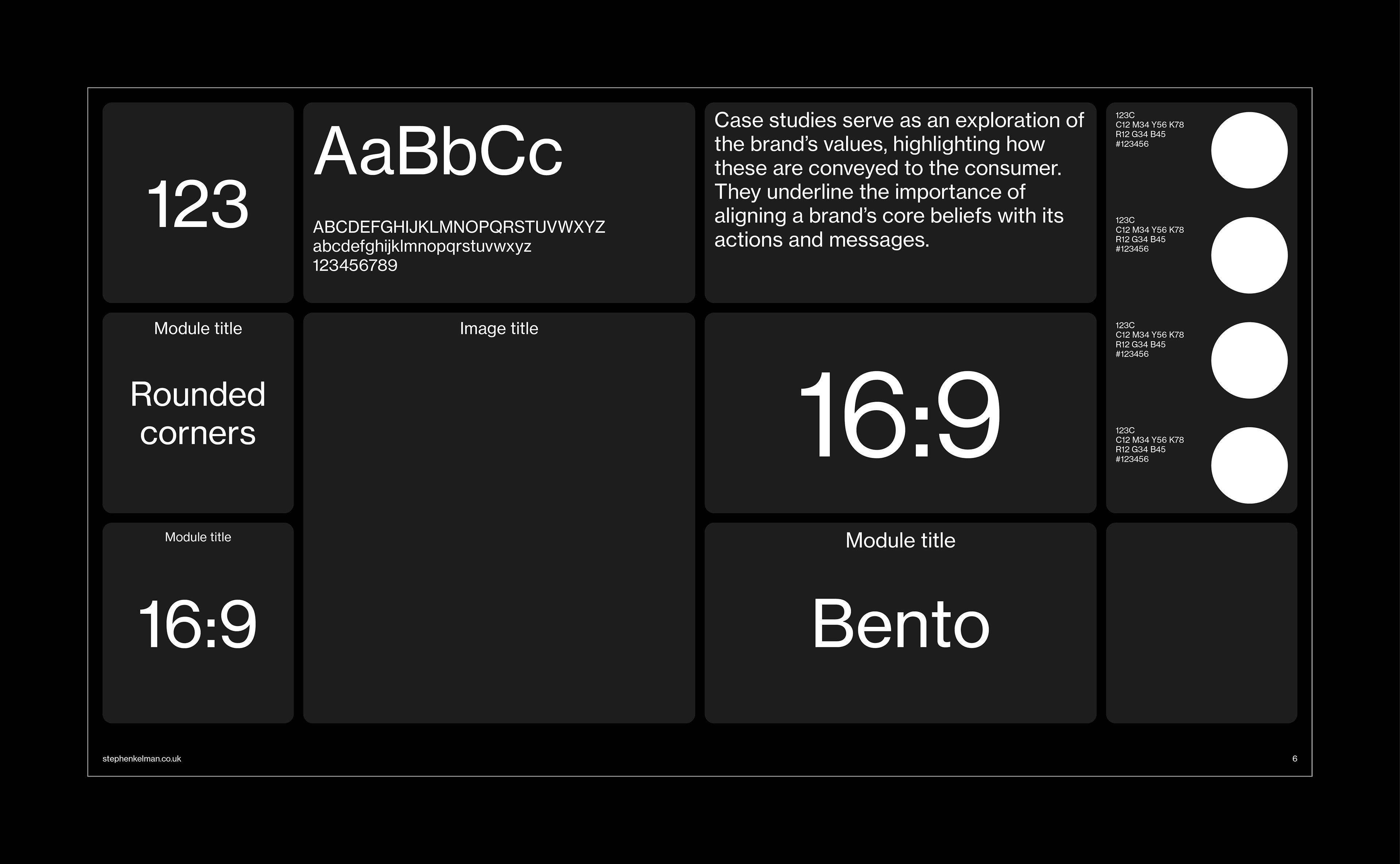 Bento Style Presentation Grid System for InDesign | Example layout on black background