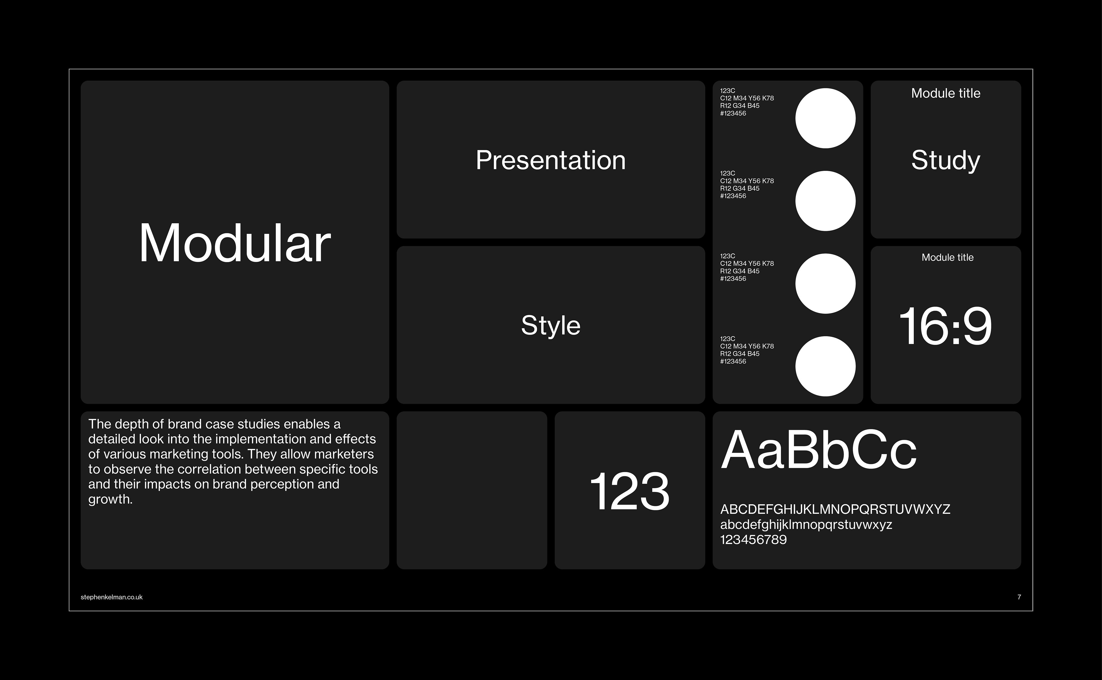 Bento Style Presentation Grid System for InDesign | Example layout on black background
